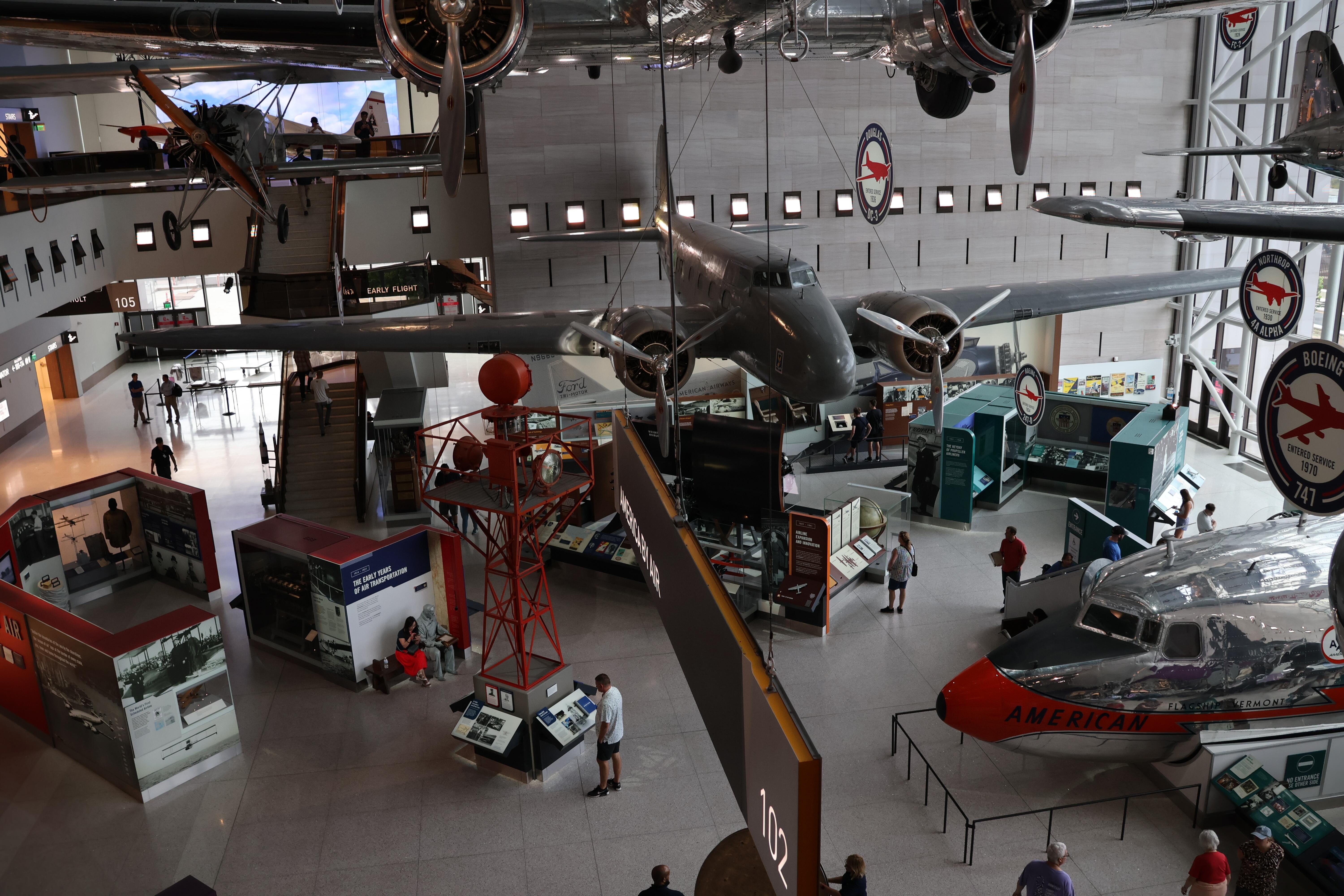 Interior image of some of the planes and other artifacts in the National Air and Space Museum in Washington, D.C.