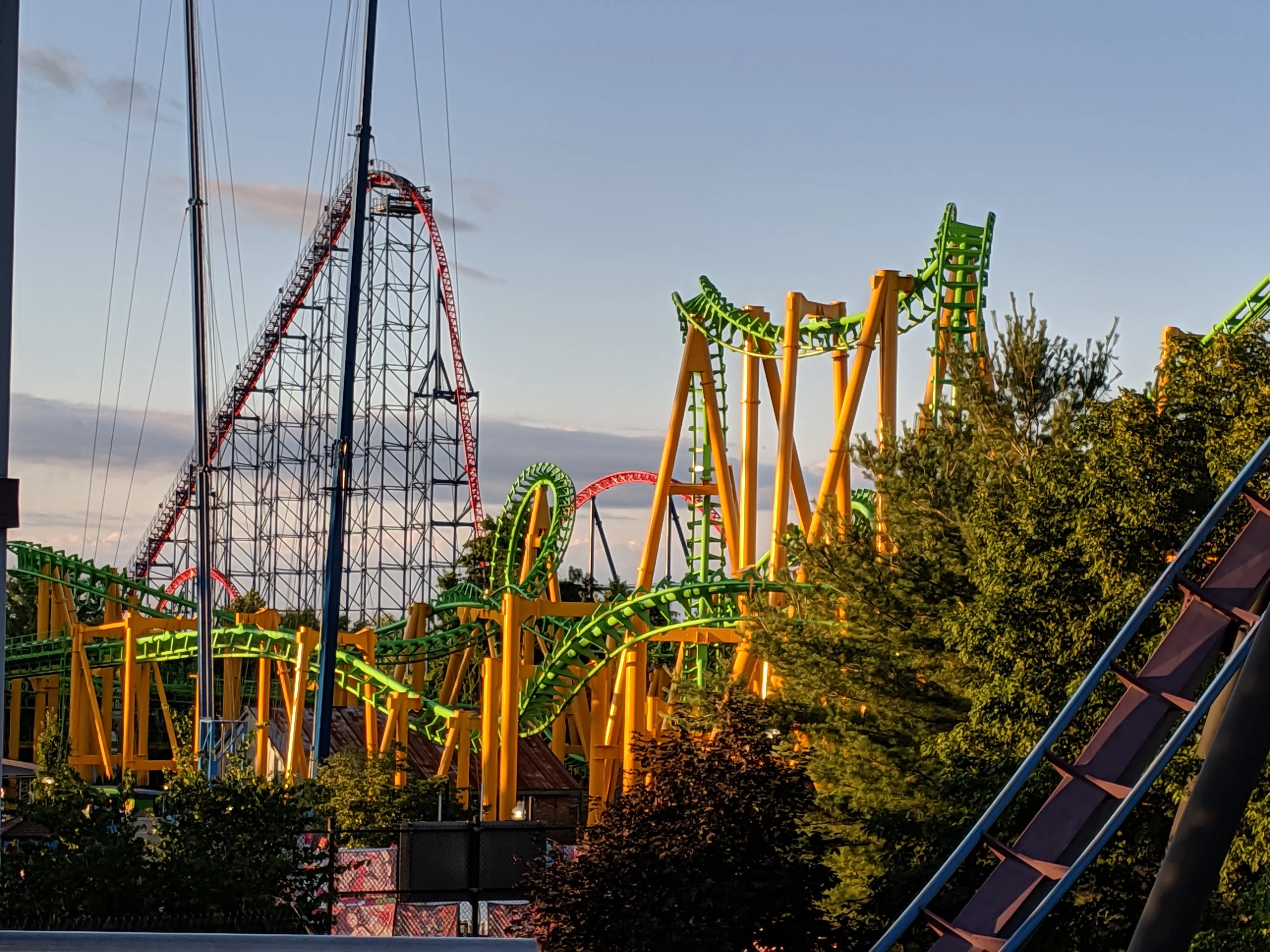 Image of The Riddler Revenge roller coaster at Six Flags New England.