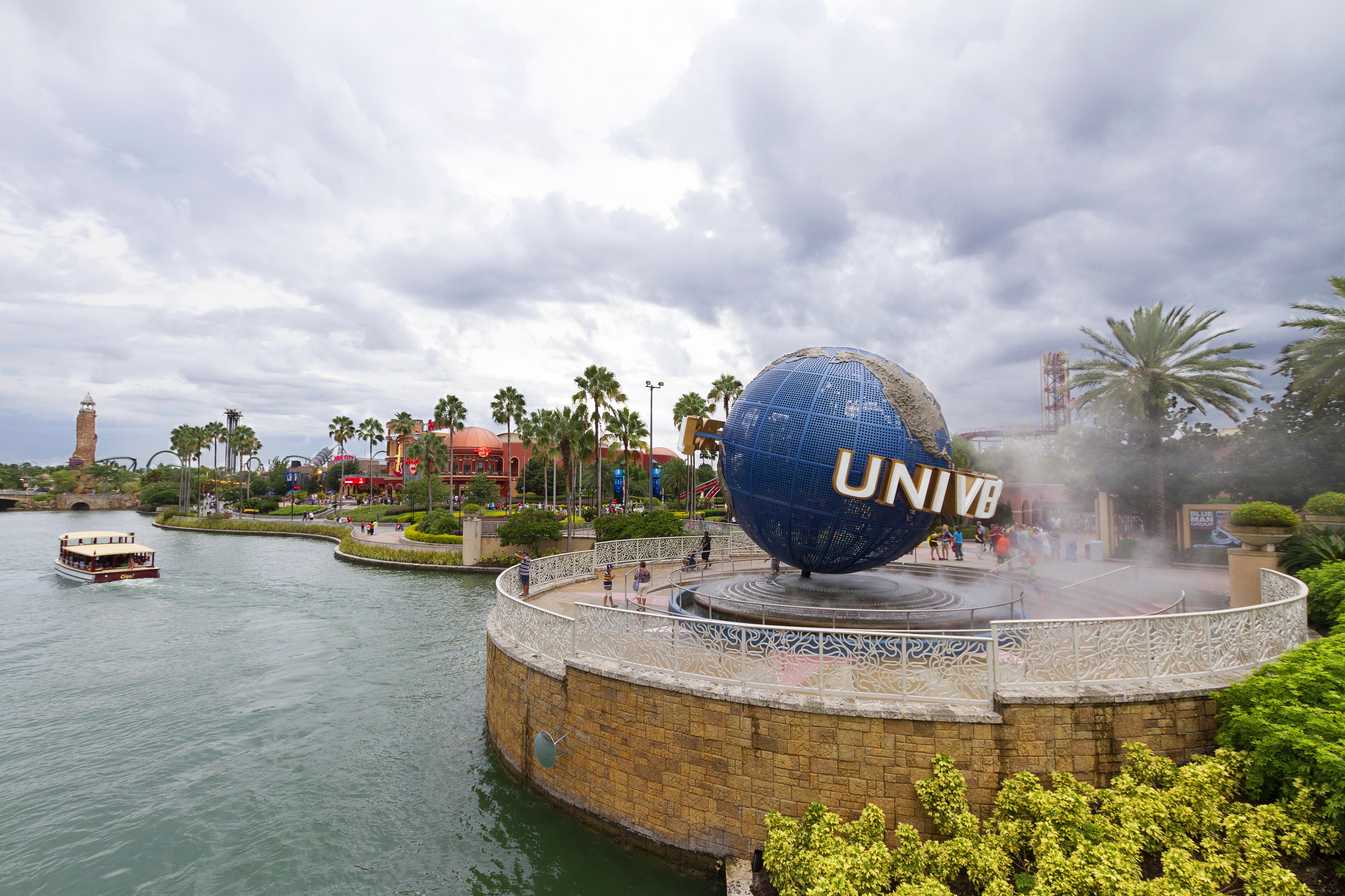 Image of the front entrance globe of Universal Studios Orlando, in CityWalk.