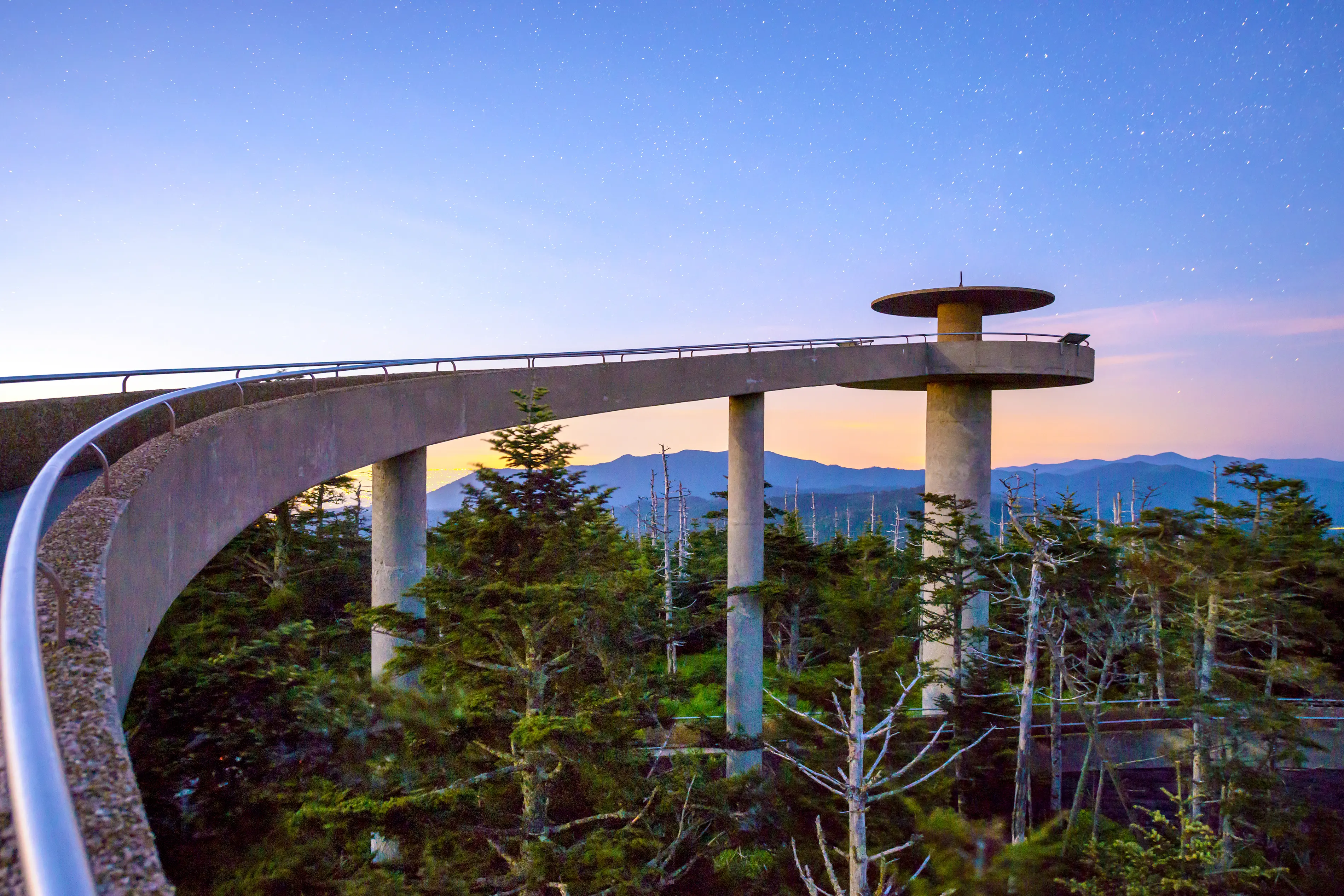 Sunset view of Clingman's Dome mountaintop observatory in the Great Smoky Mountains, Tennessee