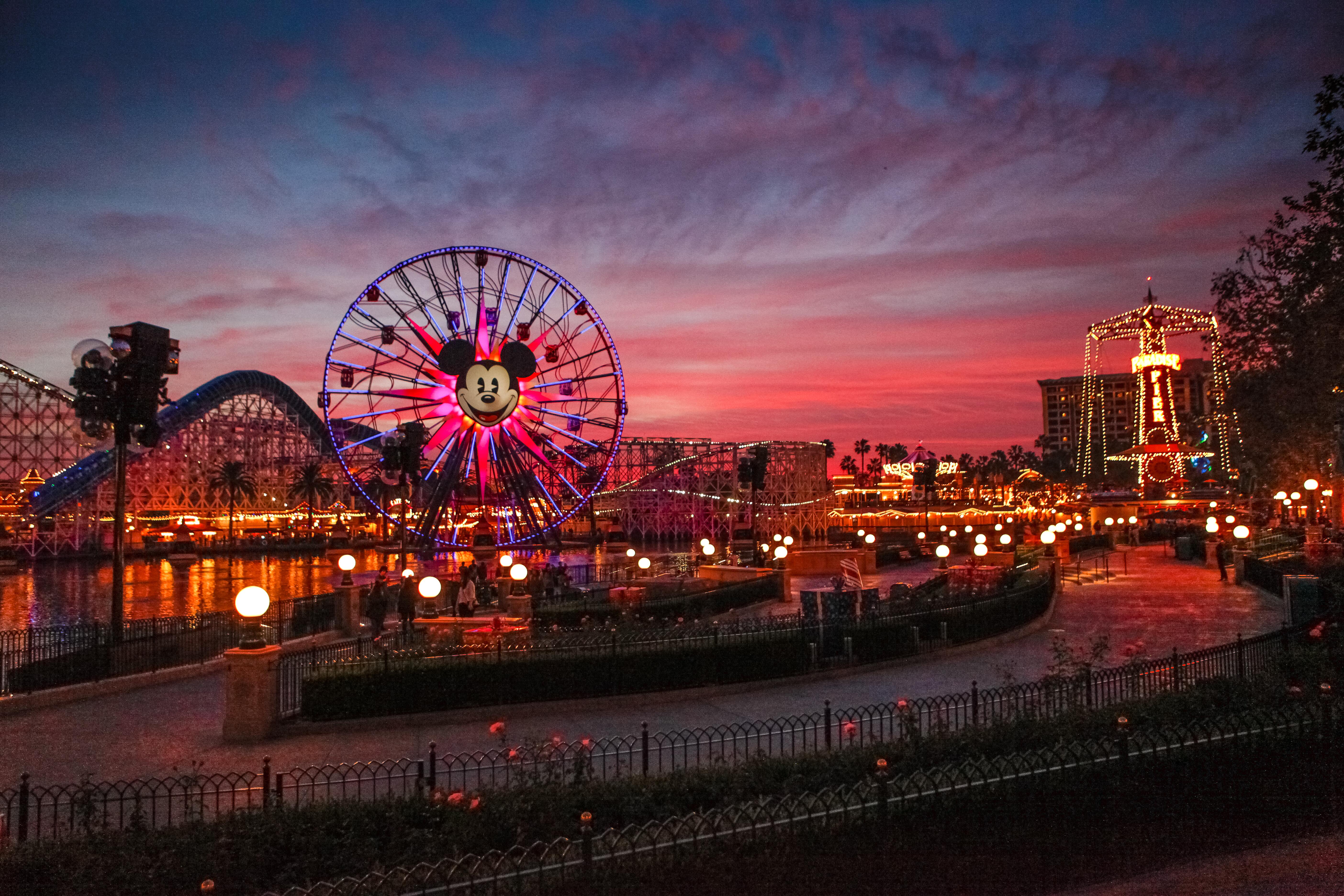 Image of the pier area at Disney California Adventure theme park, taken at sunset.