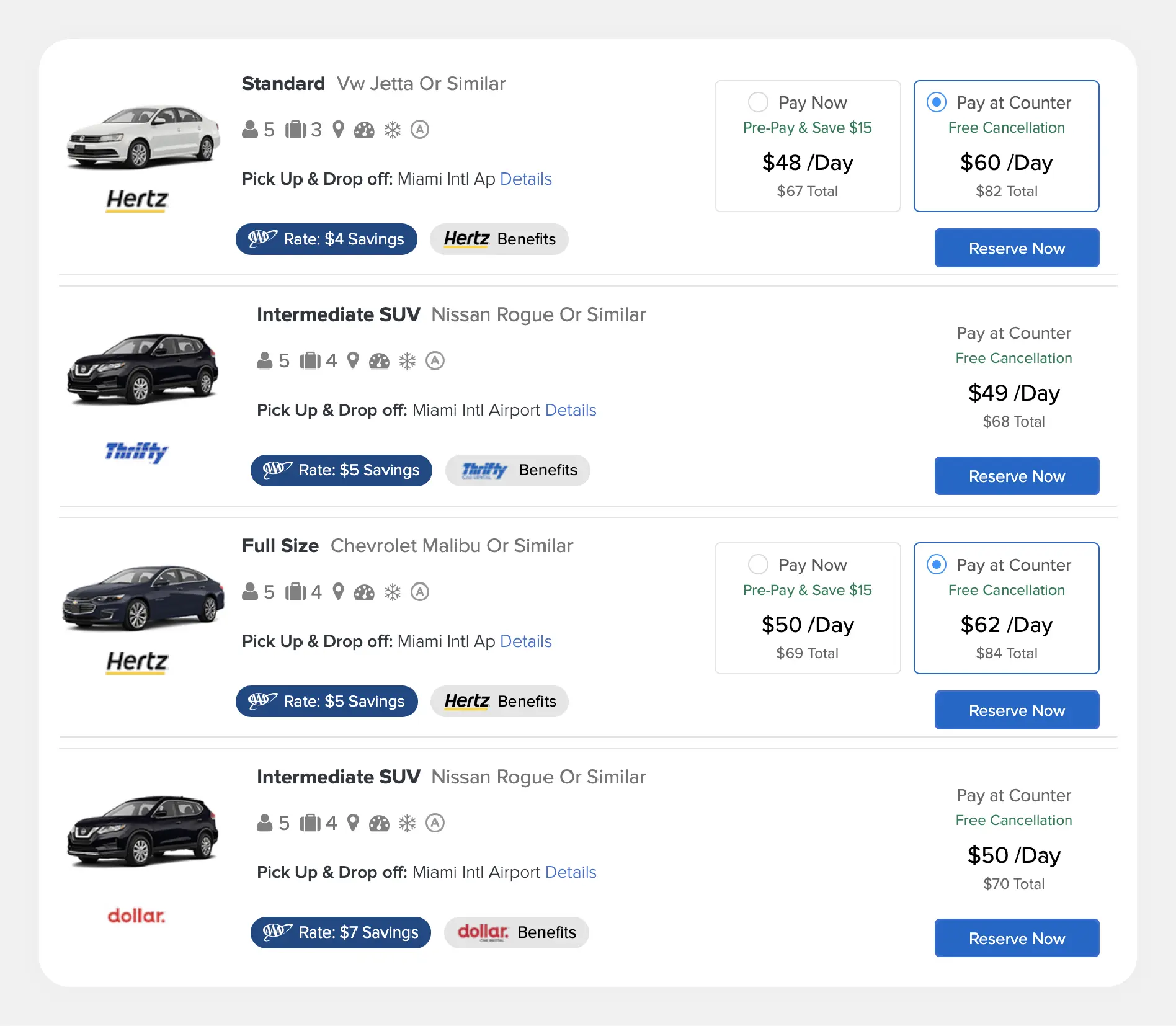 Screenshot of rental car options