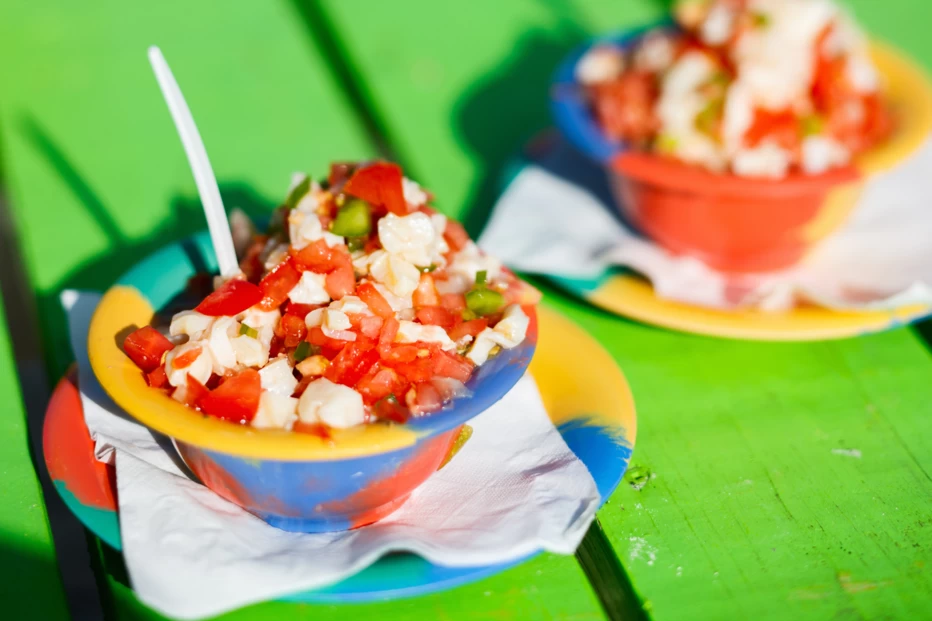 conch salad in brightly colored bowls