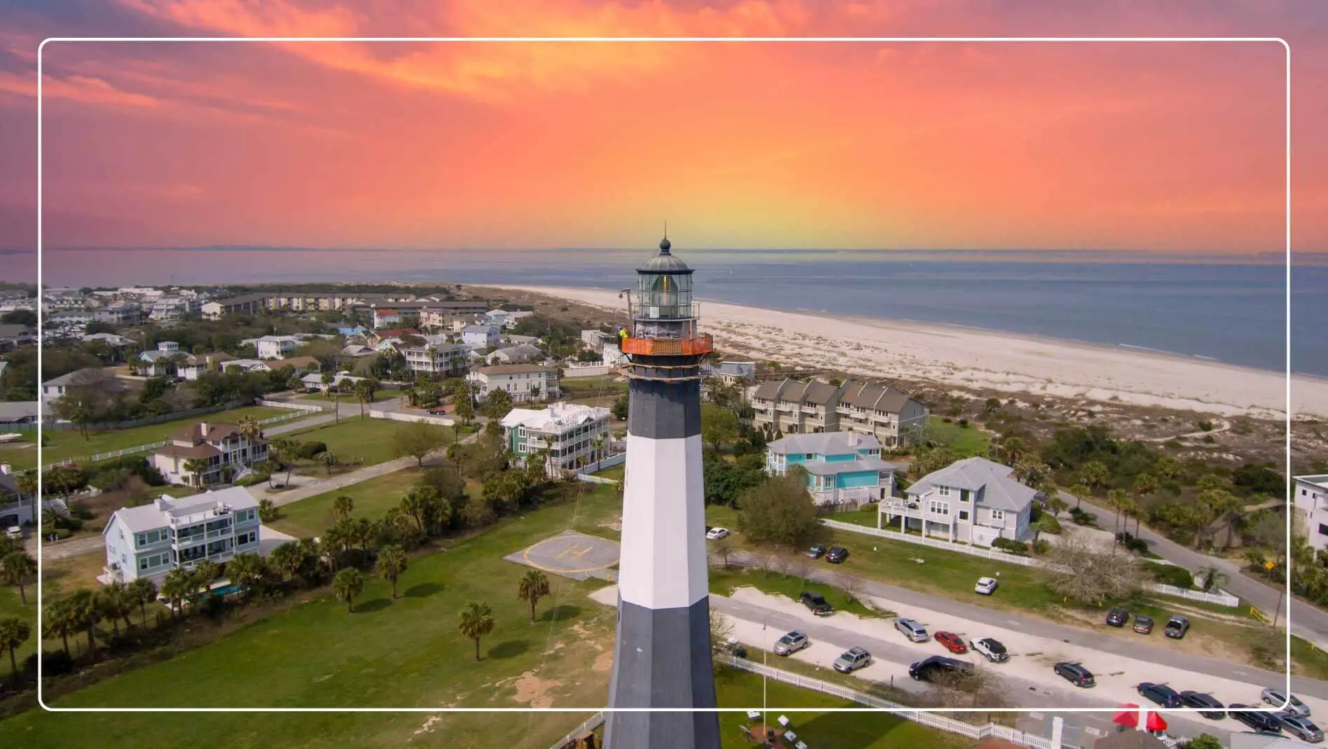 An aerial view of Tybee Island, Georgia with its famous lighthouse.