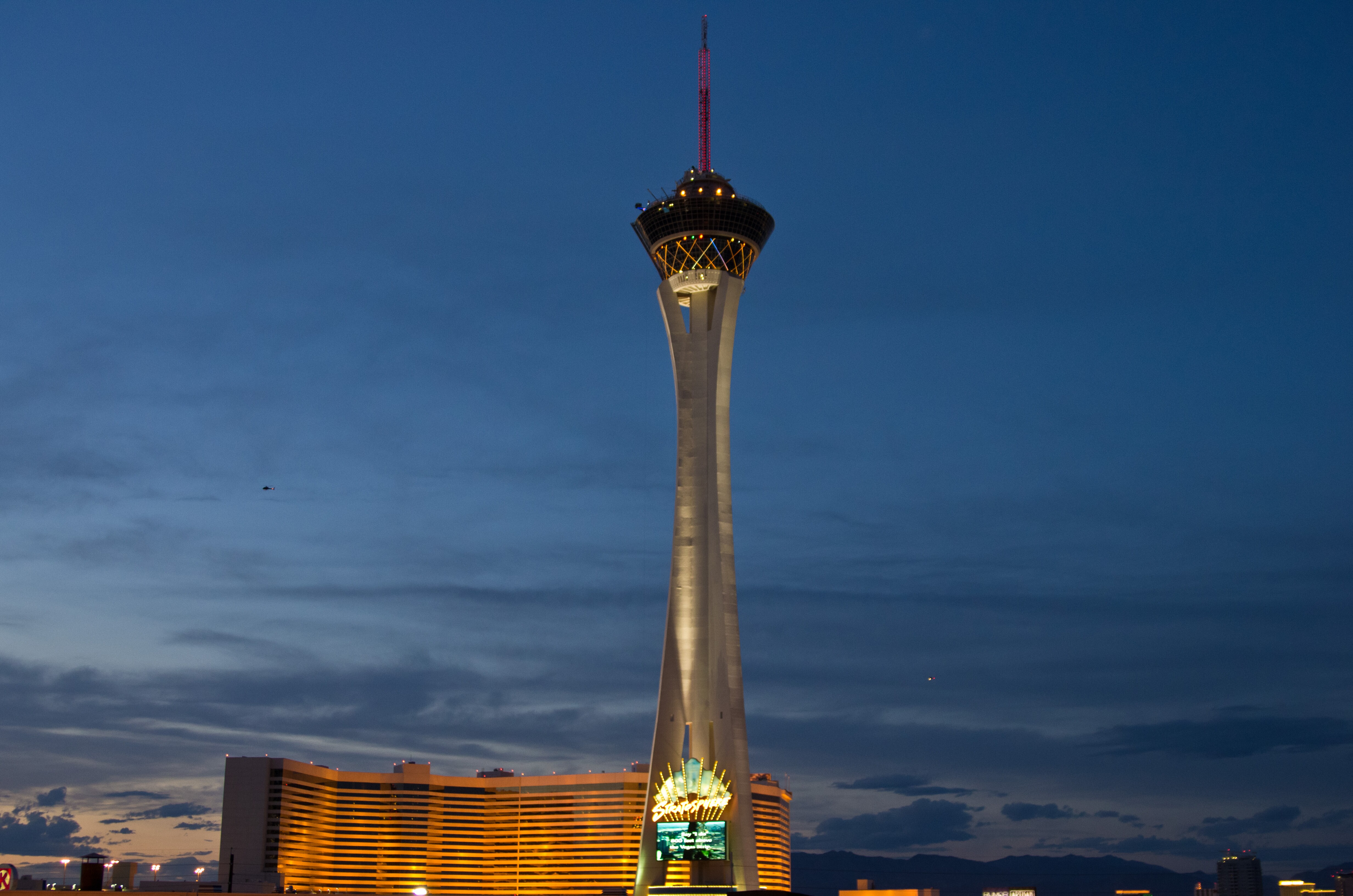 Image of the Stratosphere hotel and casino (The STRAT) in Las Vegas, along with its tall restaurant tower.