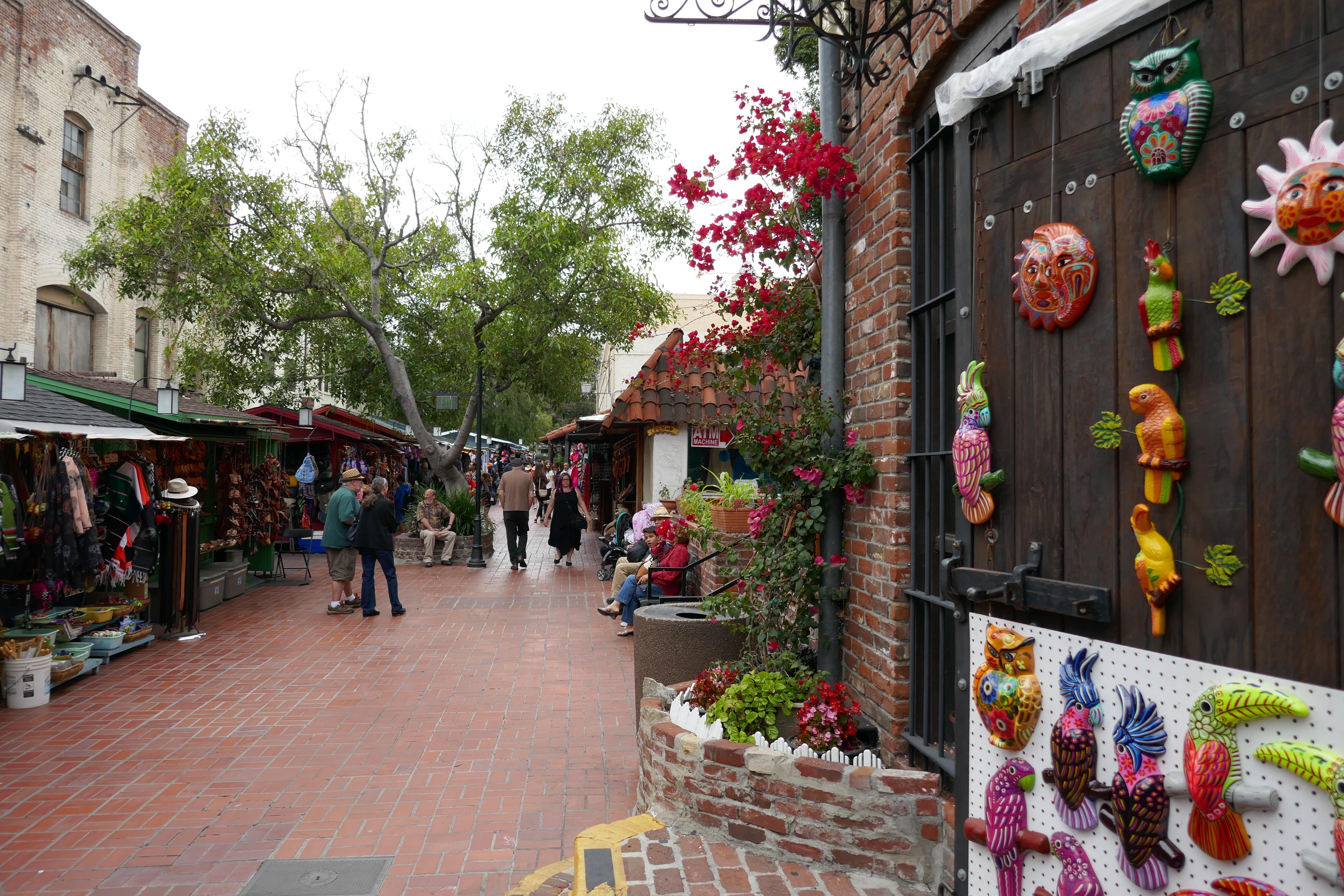 Image of the stores and markets at Olvera Street, in Los Angeles, California.
