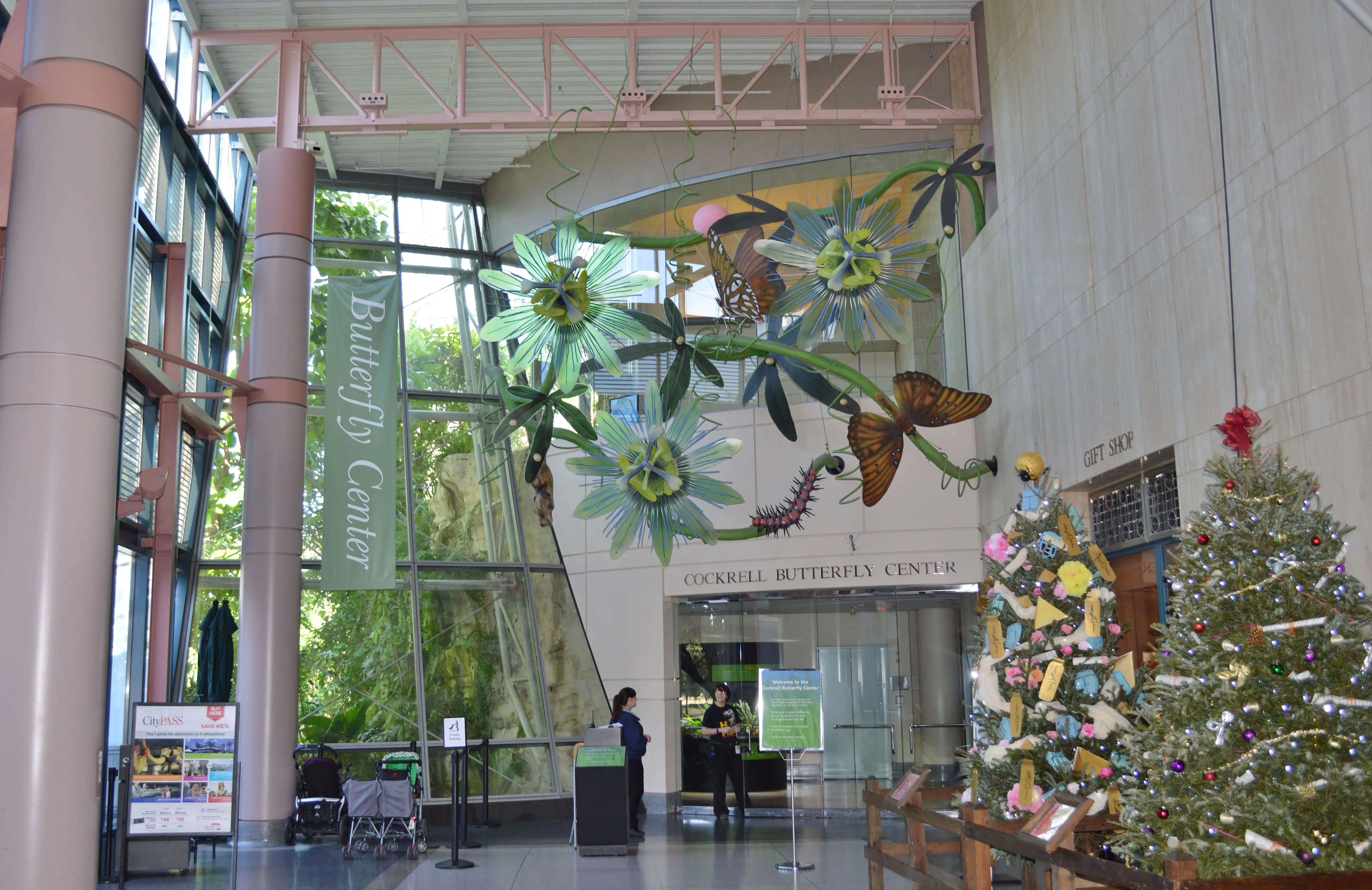 Interior image of the entrance to the Cockrell Butterfly Center in the Houston Museum of Natural Science.