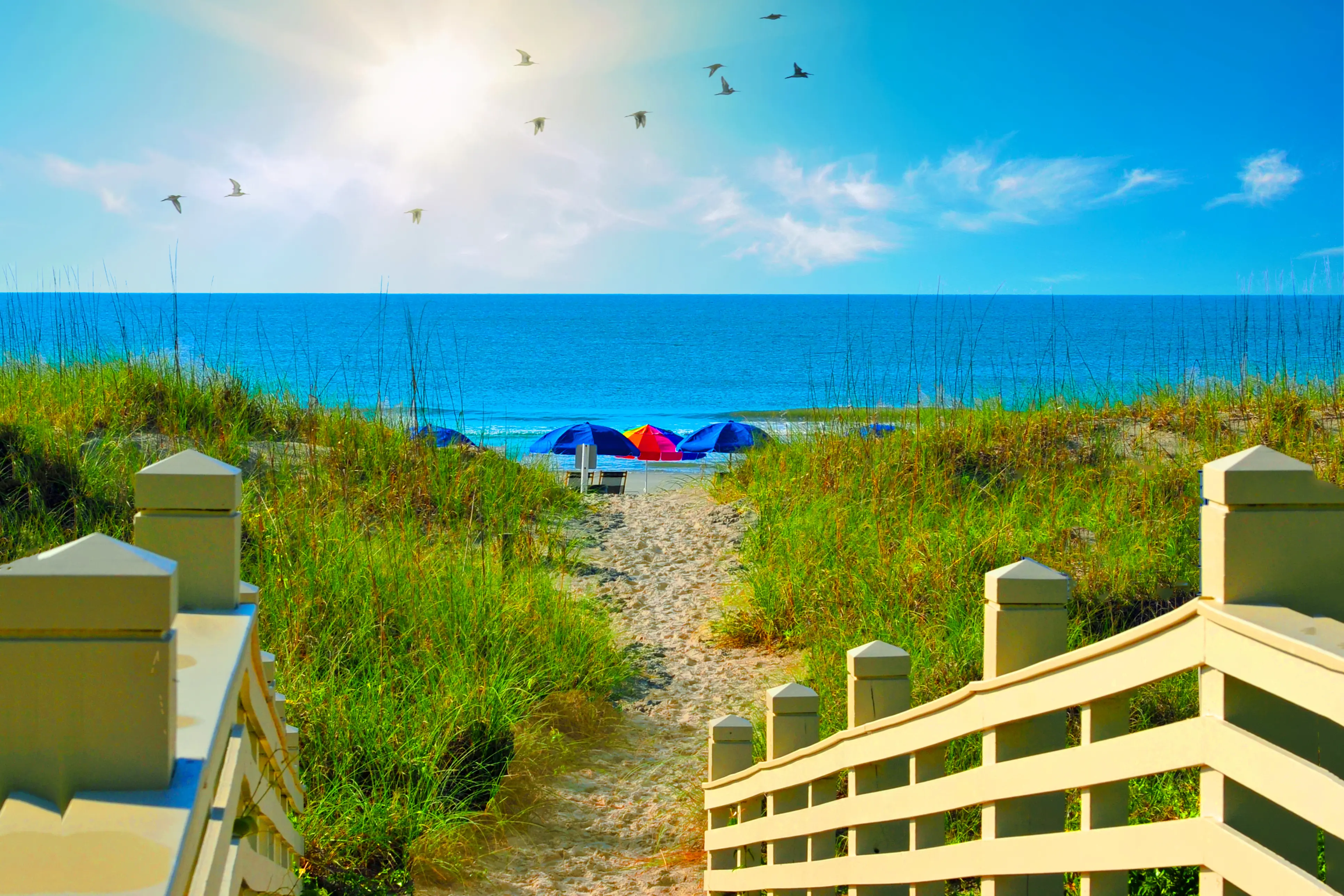 Boardwalk leading to the beach with blue and red umbrellas