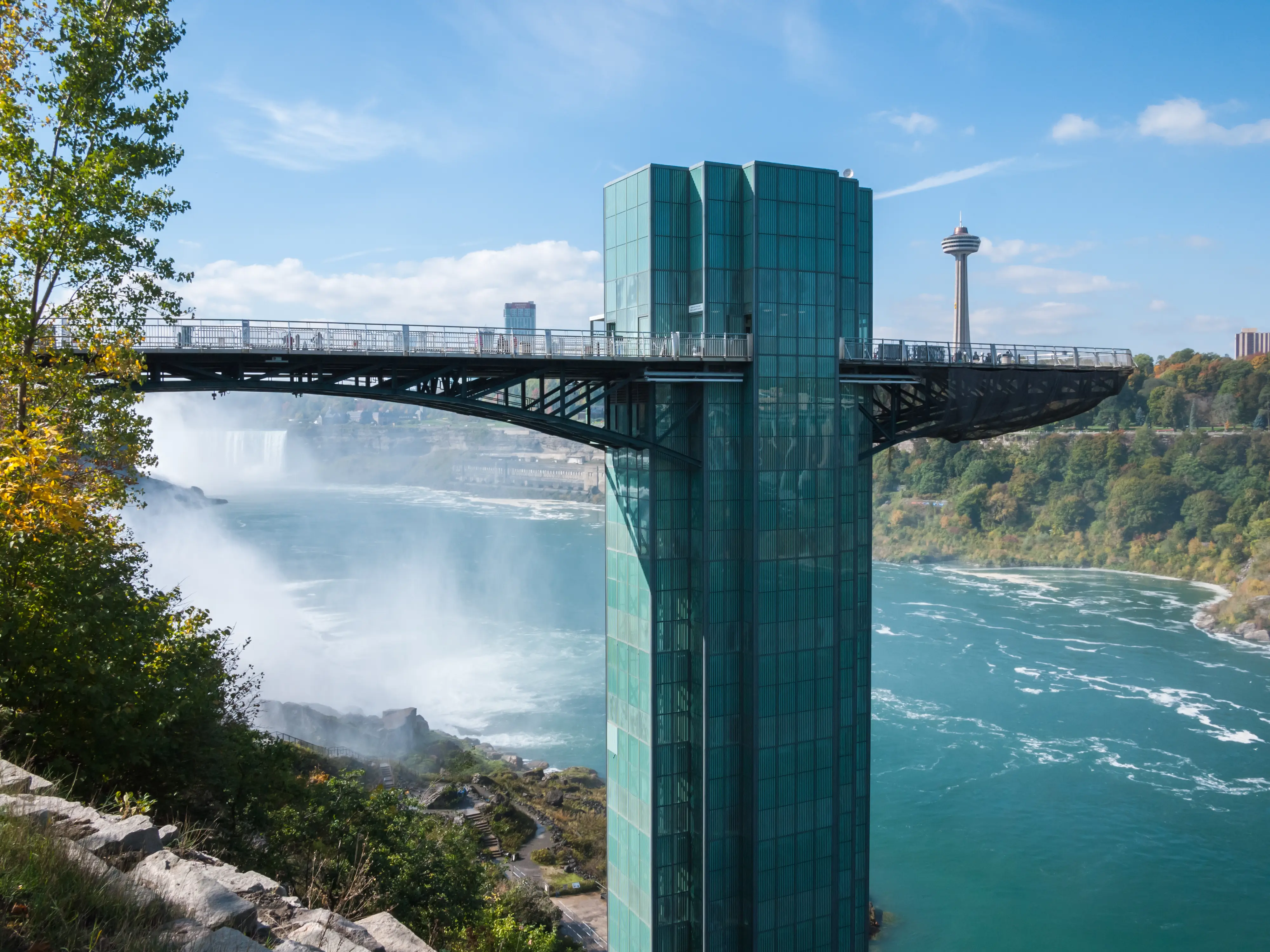 The Niagara Falls Observation Tower on sunny day, USA and Canada border