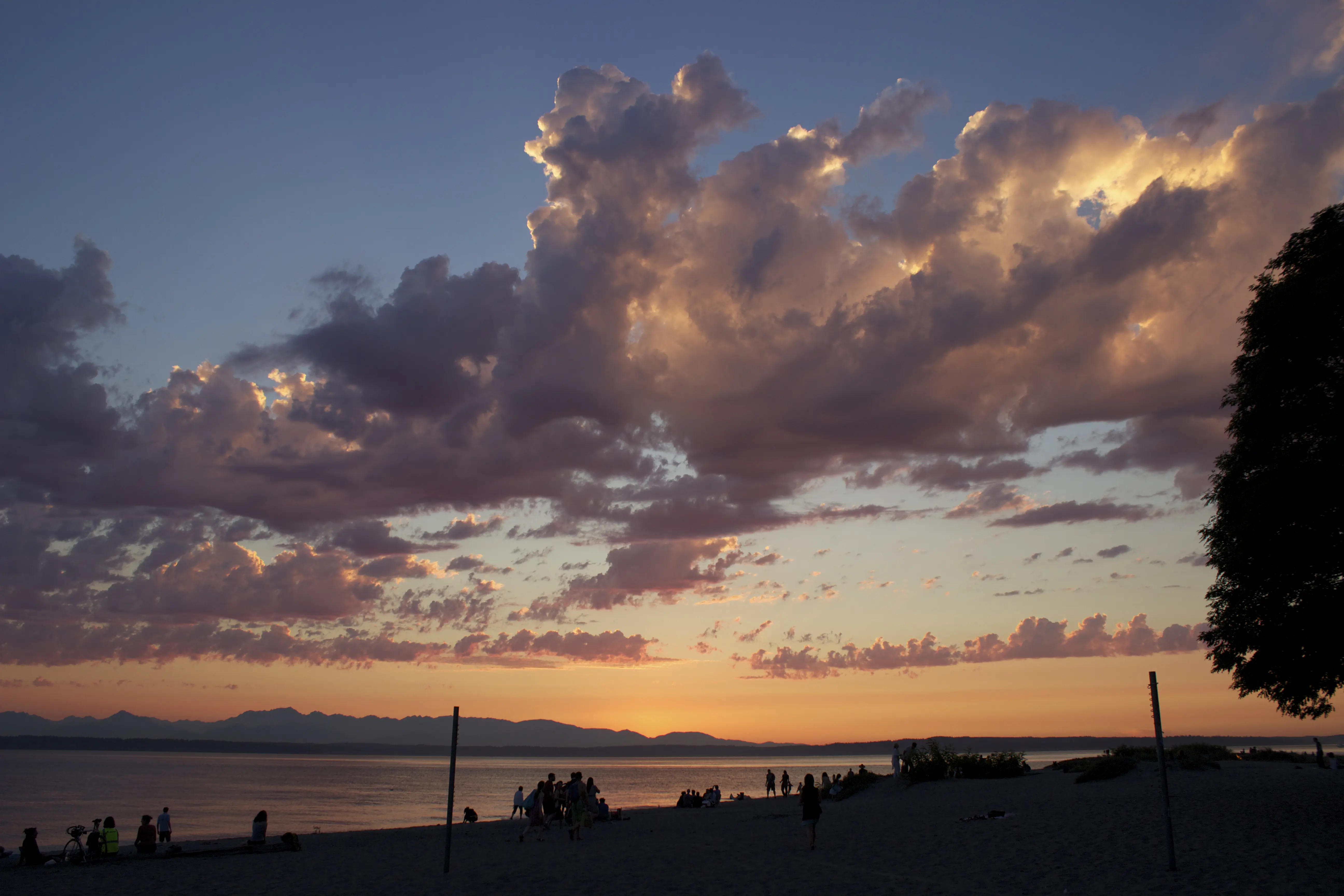 Image of people enjoying the sunset at Golden Gardens Park in Seattle.