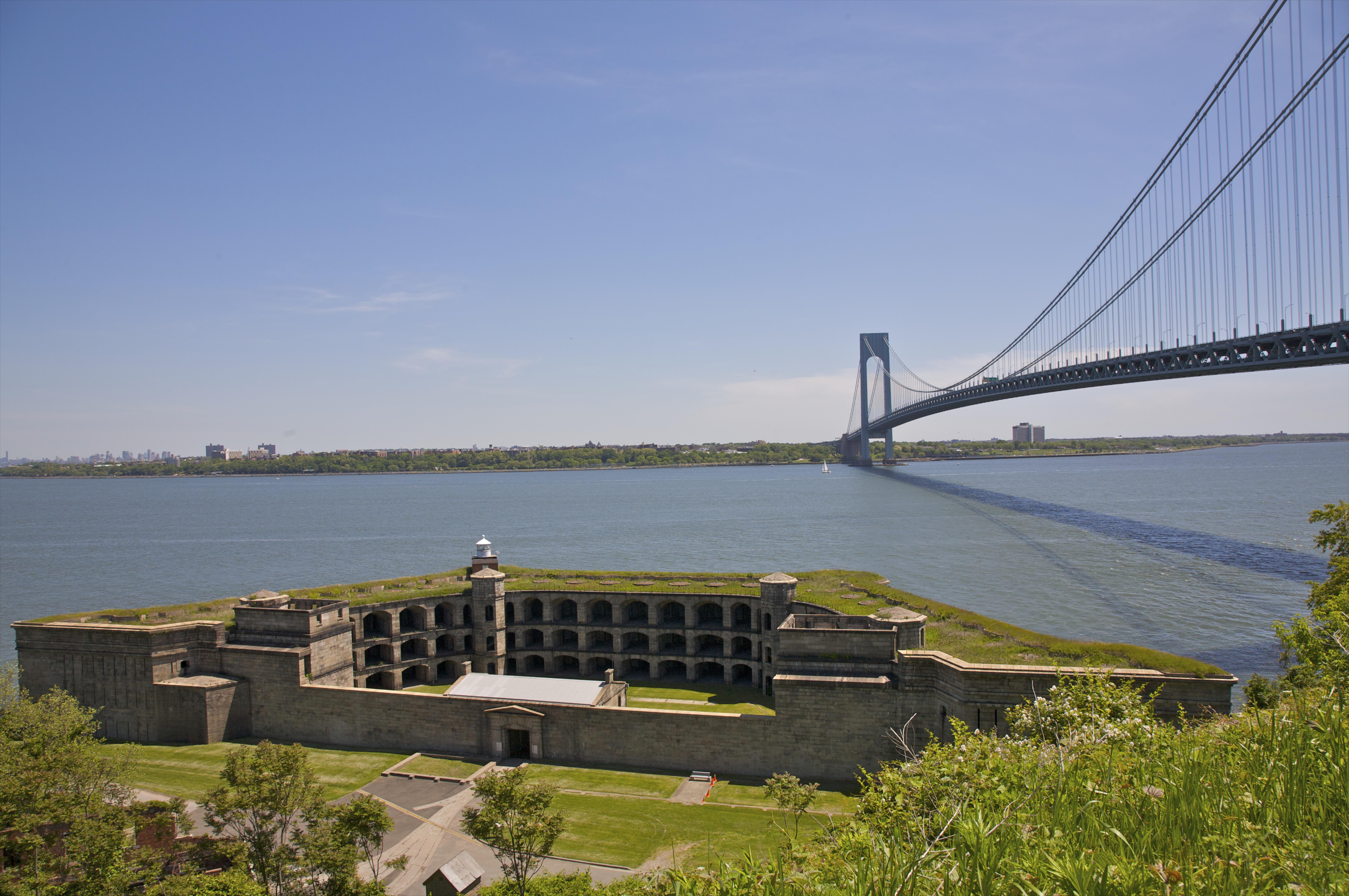 Image of Fort Wadsworth with Verrazano-Narrows Bridge in the background, near Staten Island, New York.