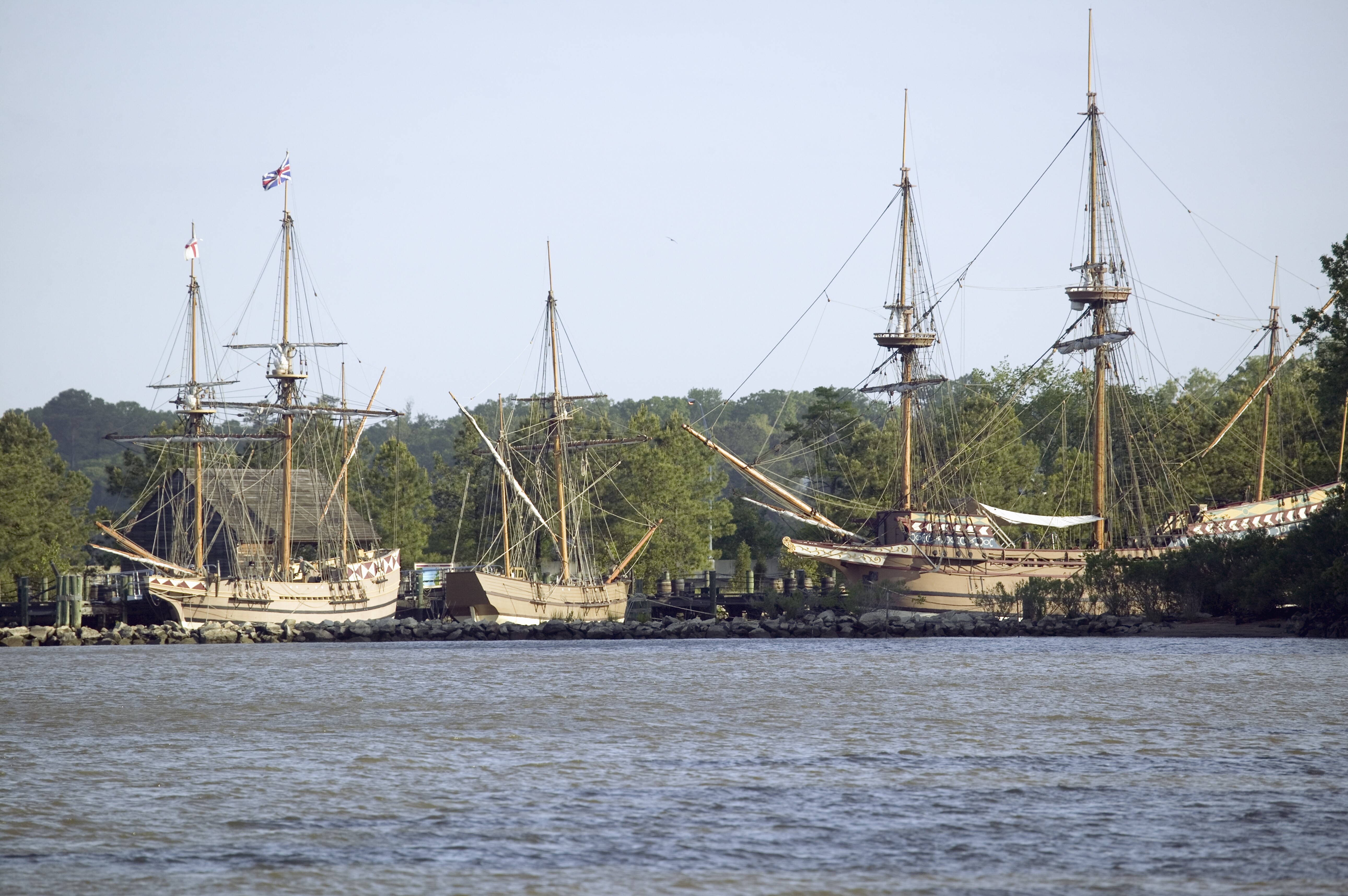 Image of replica ships of the replicas of The Susan Constant, Godspeed and Discovery at the Jamestown Settlement in Williamsburg.
