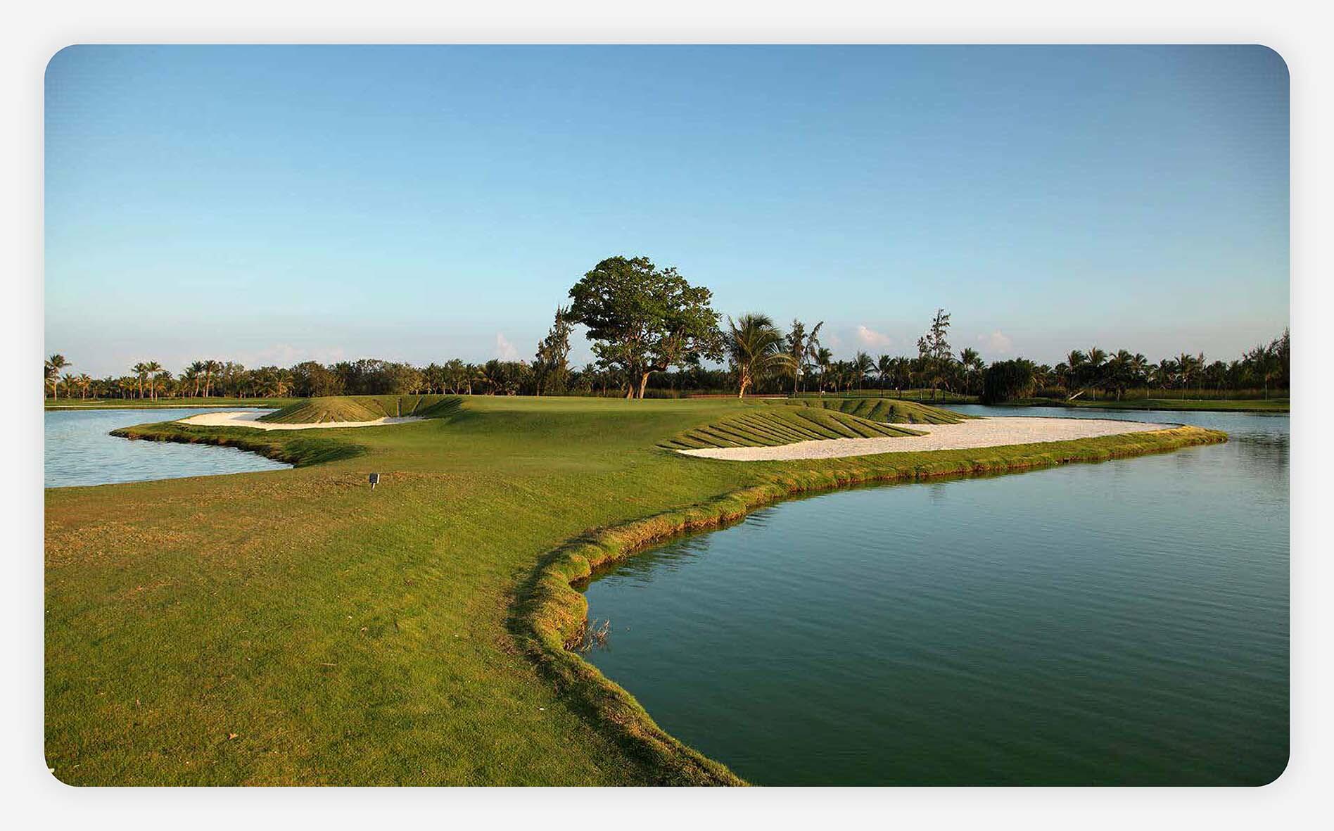A tropical golf course at sunset in the Dominican Republic.