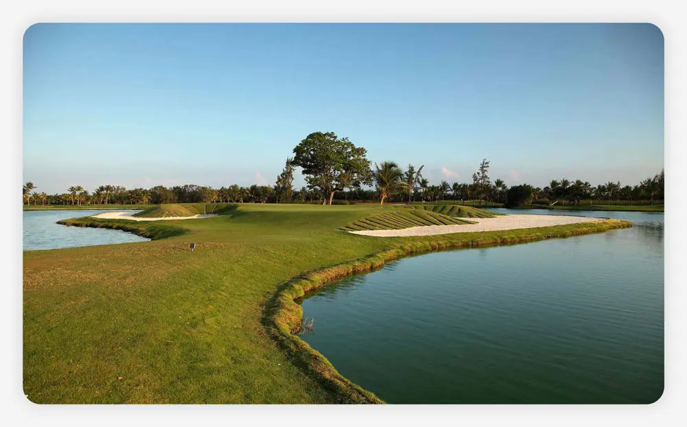 A tropical golf course at sunset in the Dominican Republic.