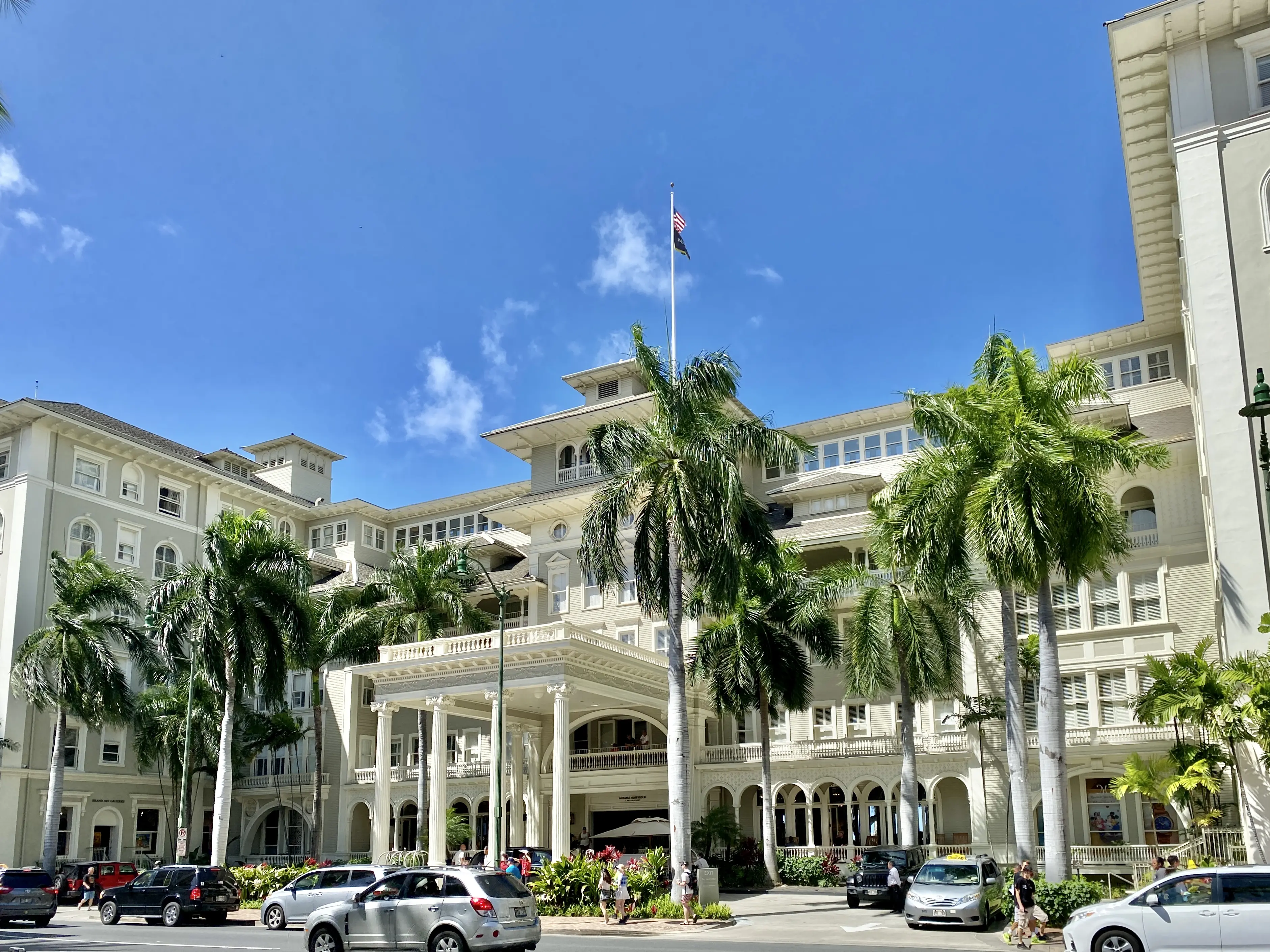 Exterior image of the Moana Surfrider Resort, in Honolulu, Hawaii.