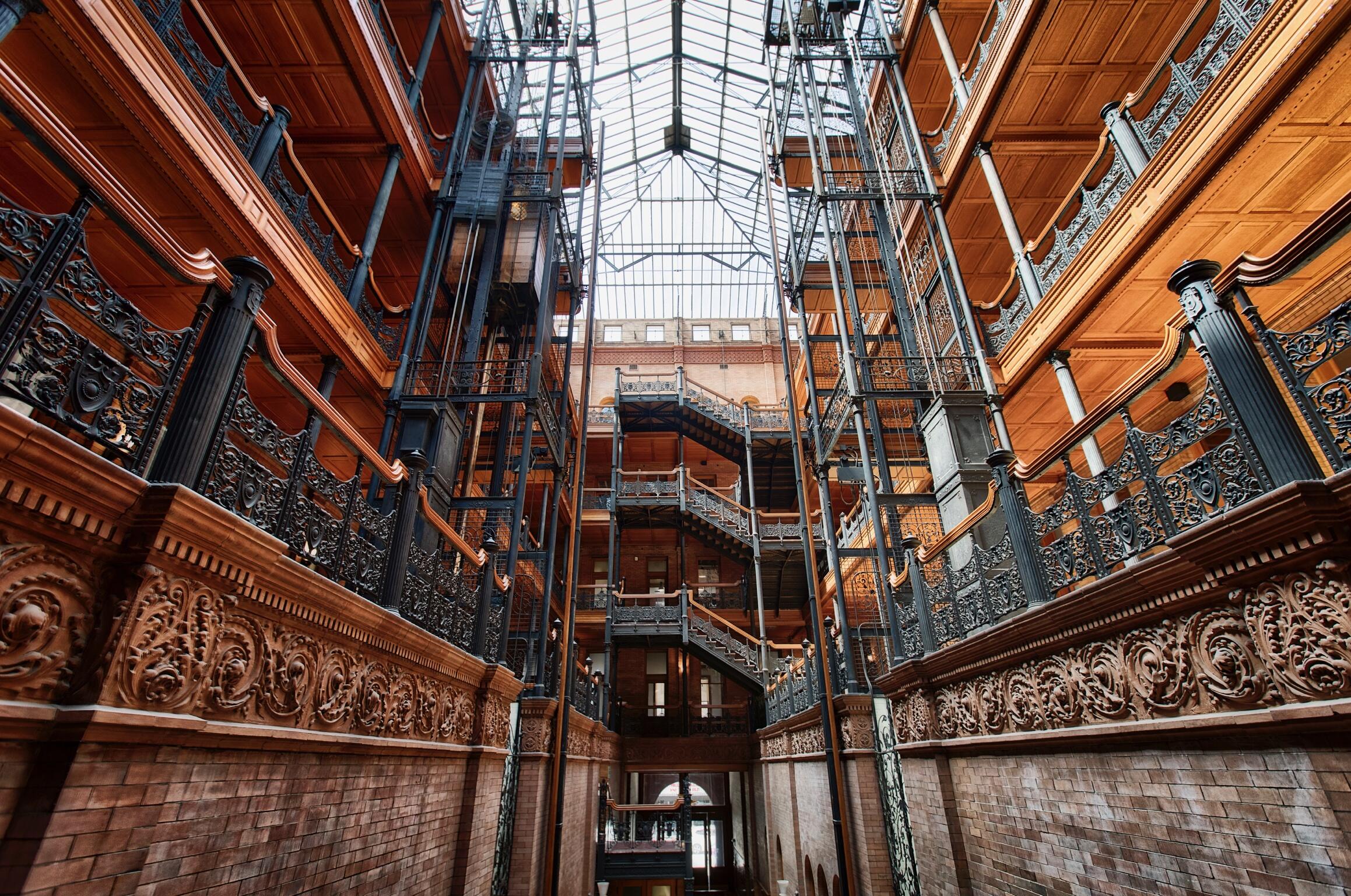 Interior image of the interior architecture of the Bradbury Building in Los Angeles, California.