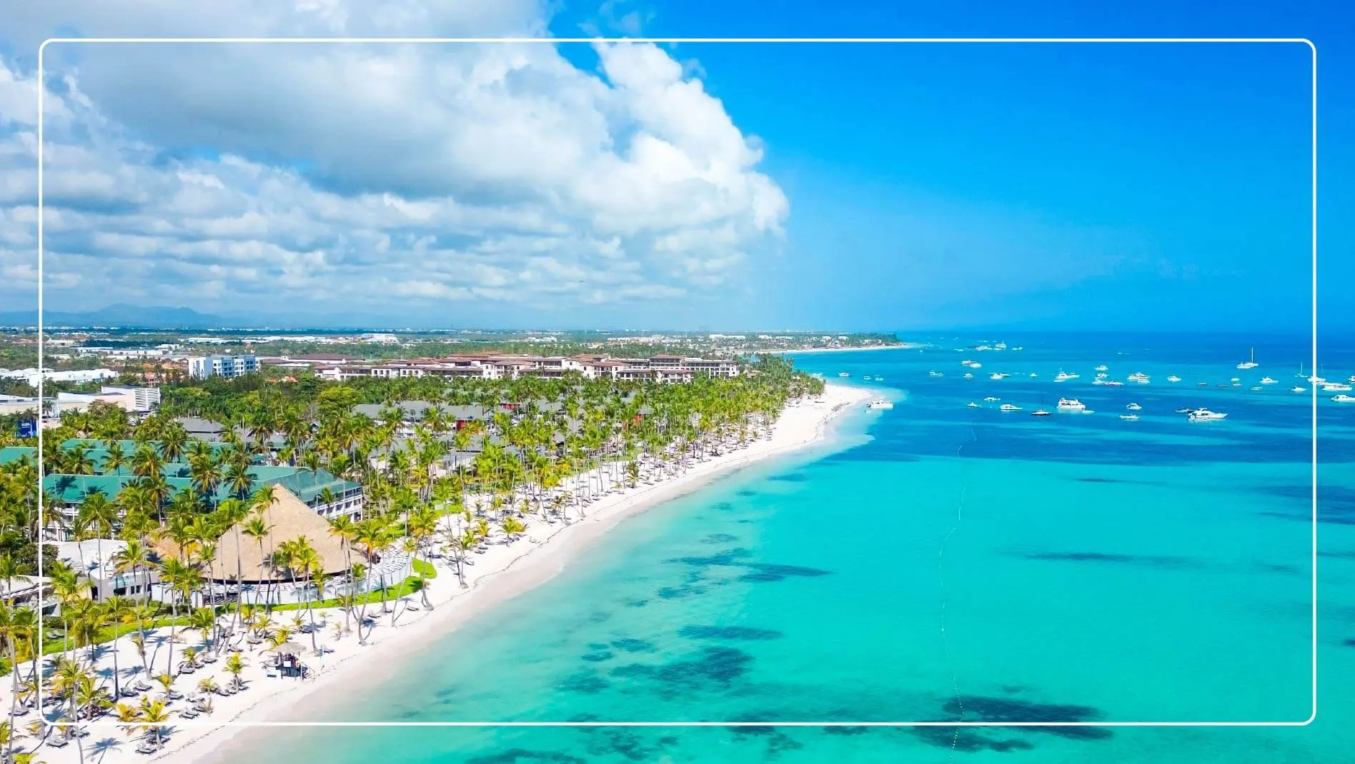 An aerial view of a beach in Punta Cana with palm trees lining the beach.