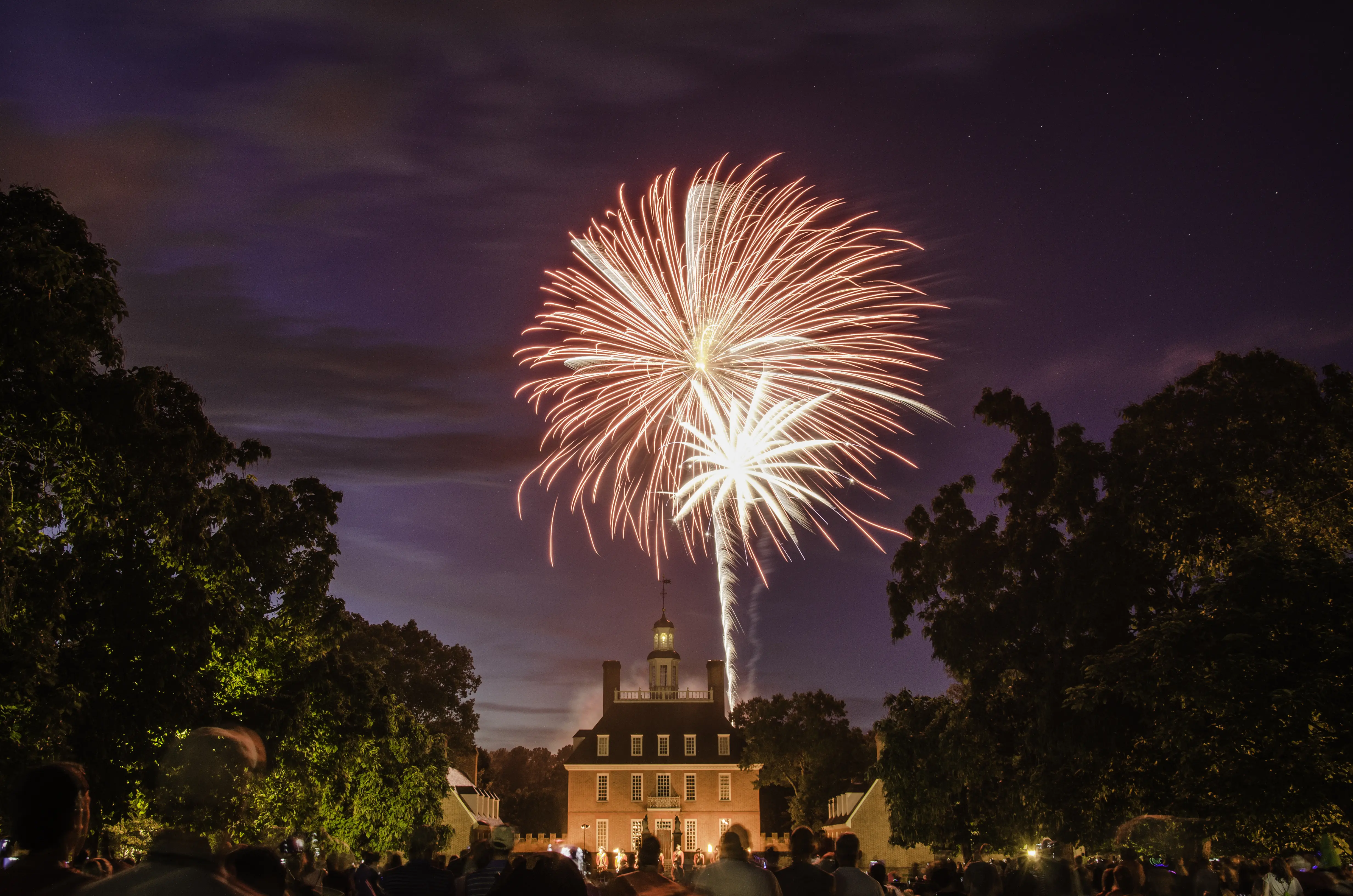 Image of 4th of July fireworks over Colonial Williamsburg.