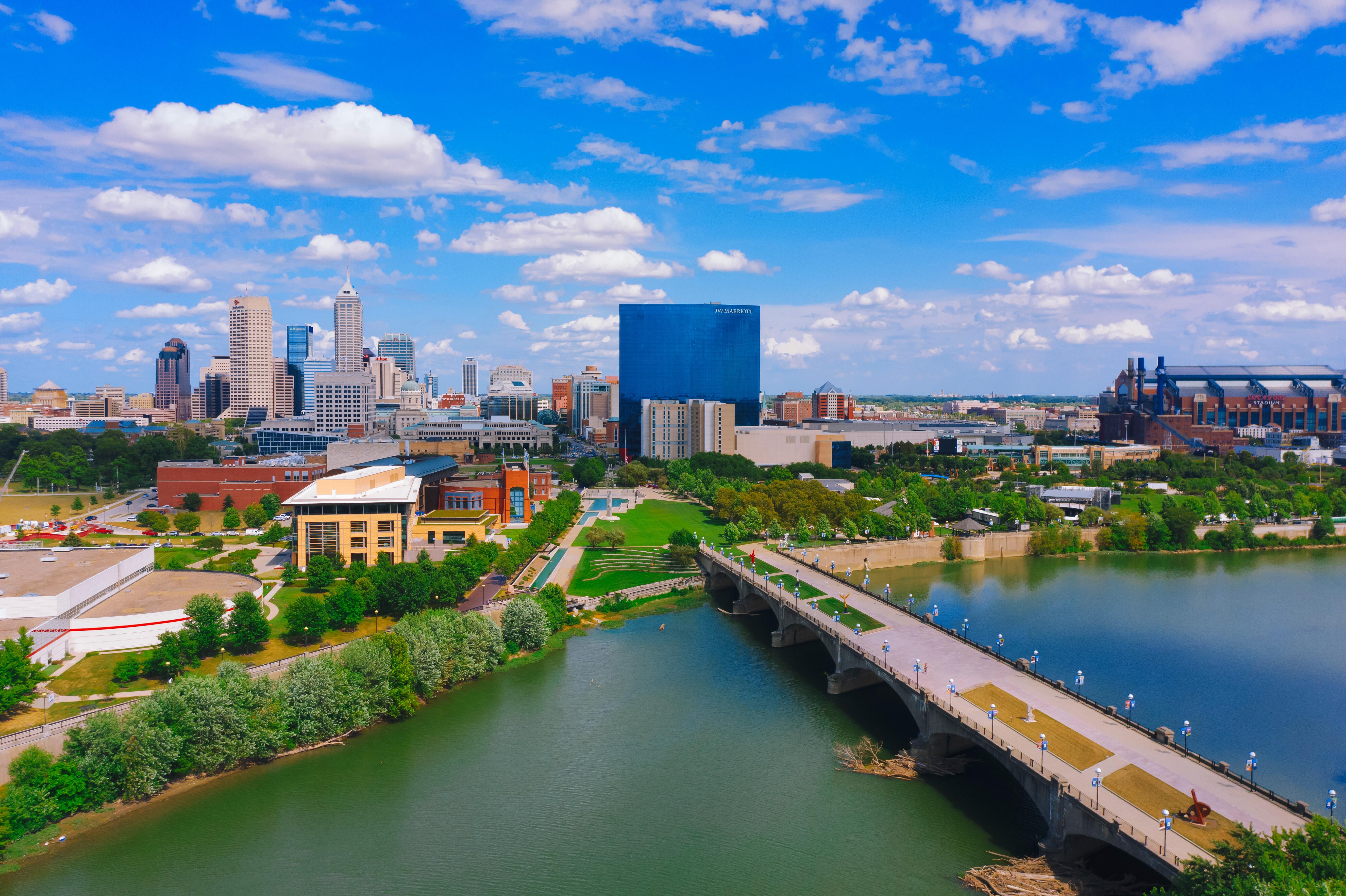 Aerial view of downtown Indianapolis along White River and park, Indiana