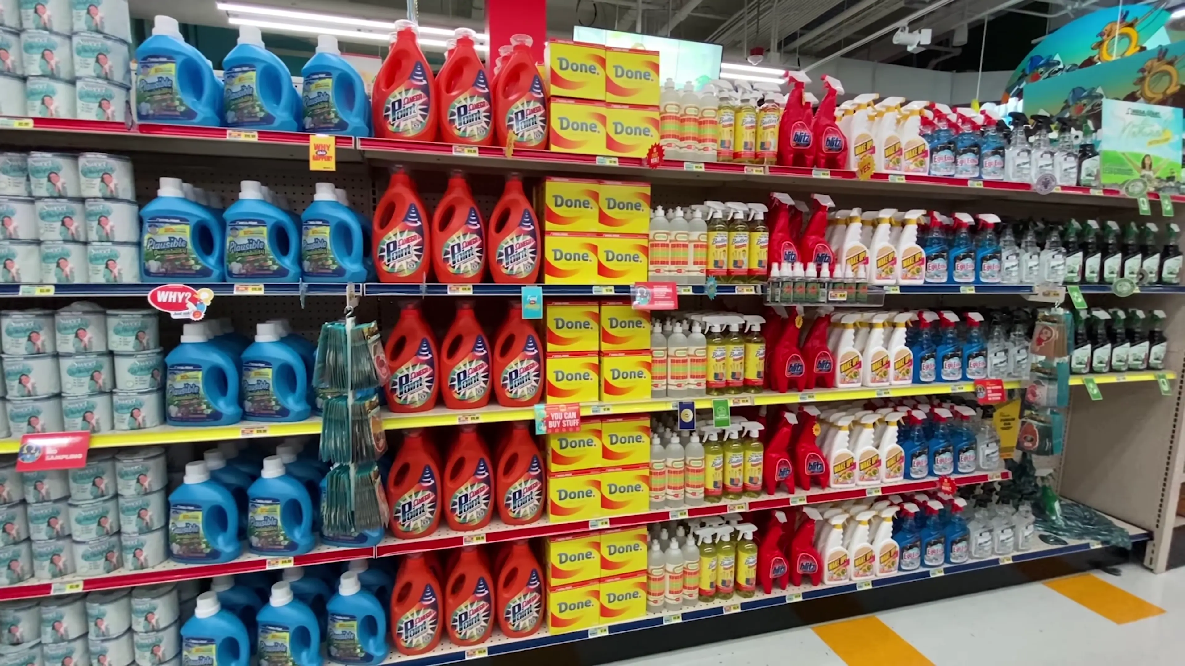 Interior image of the shelves full of fictional items at Omega Mart in Las Vegas.