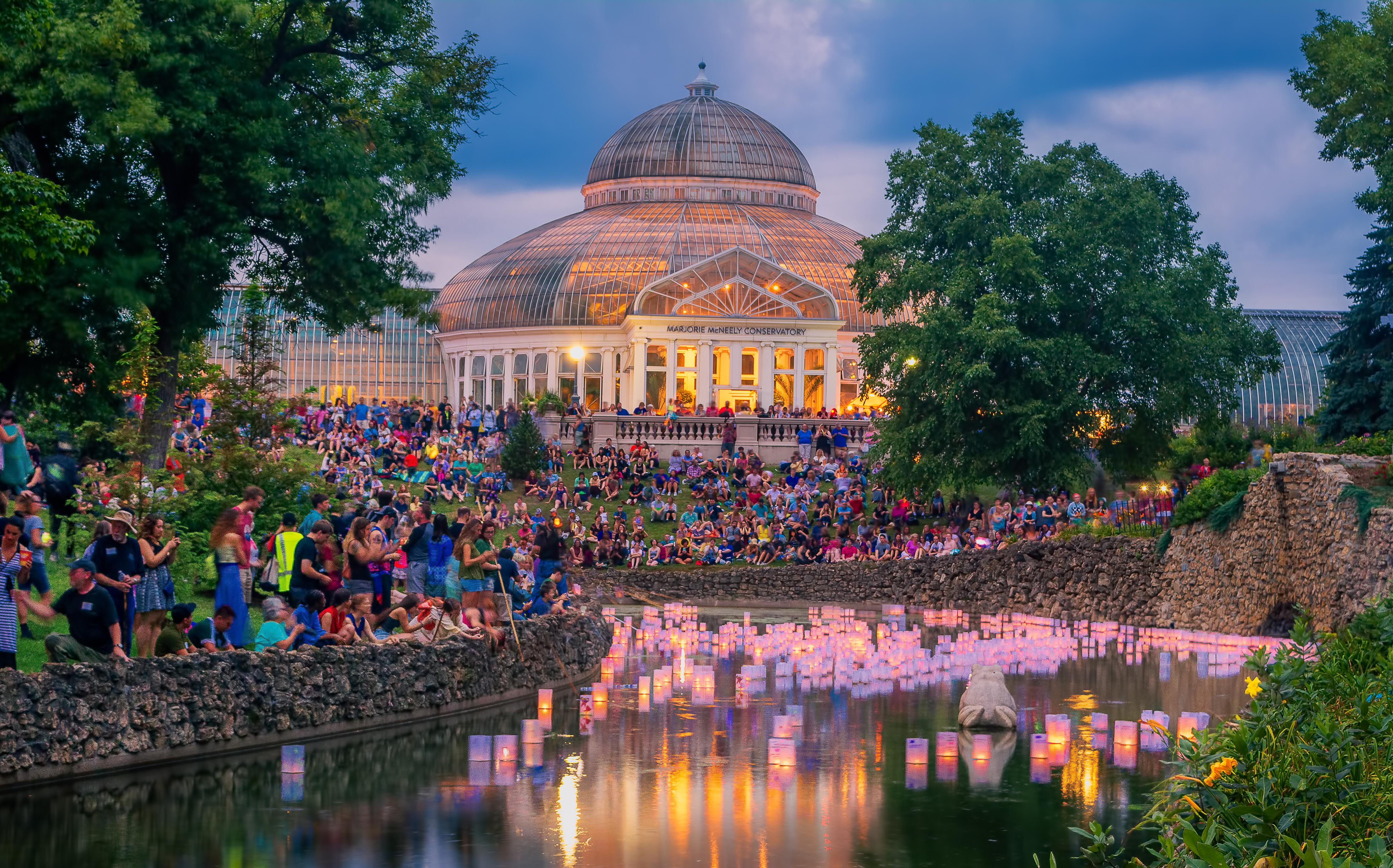 Evening view of Como Park Zoo Observatory during Japanese Festival with lighted lanterns