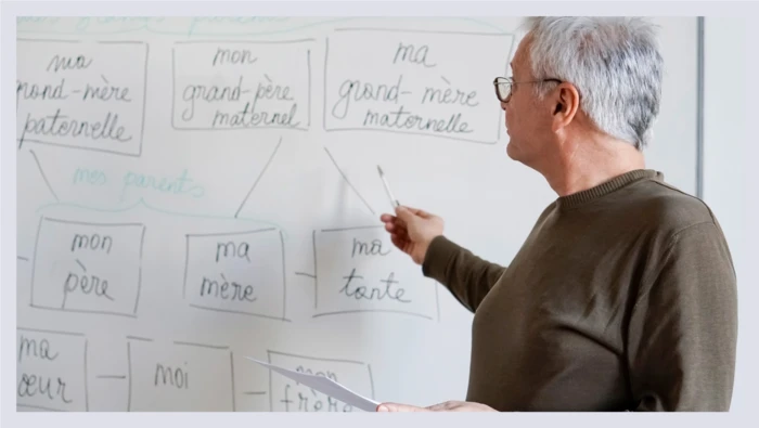 A language instructor points to his whiteboard with lesson notes on it while he teaches a language class.