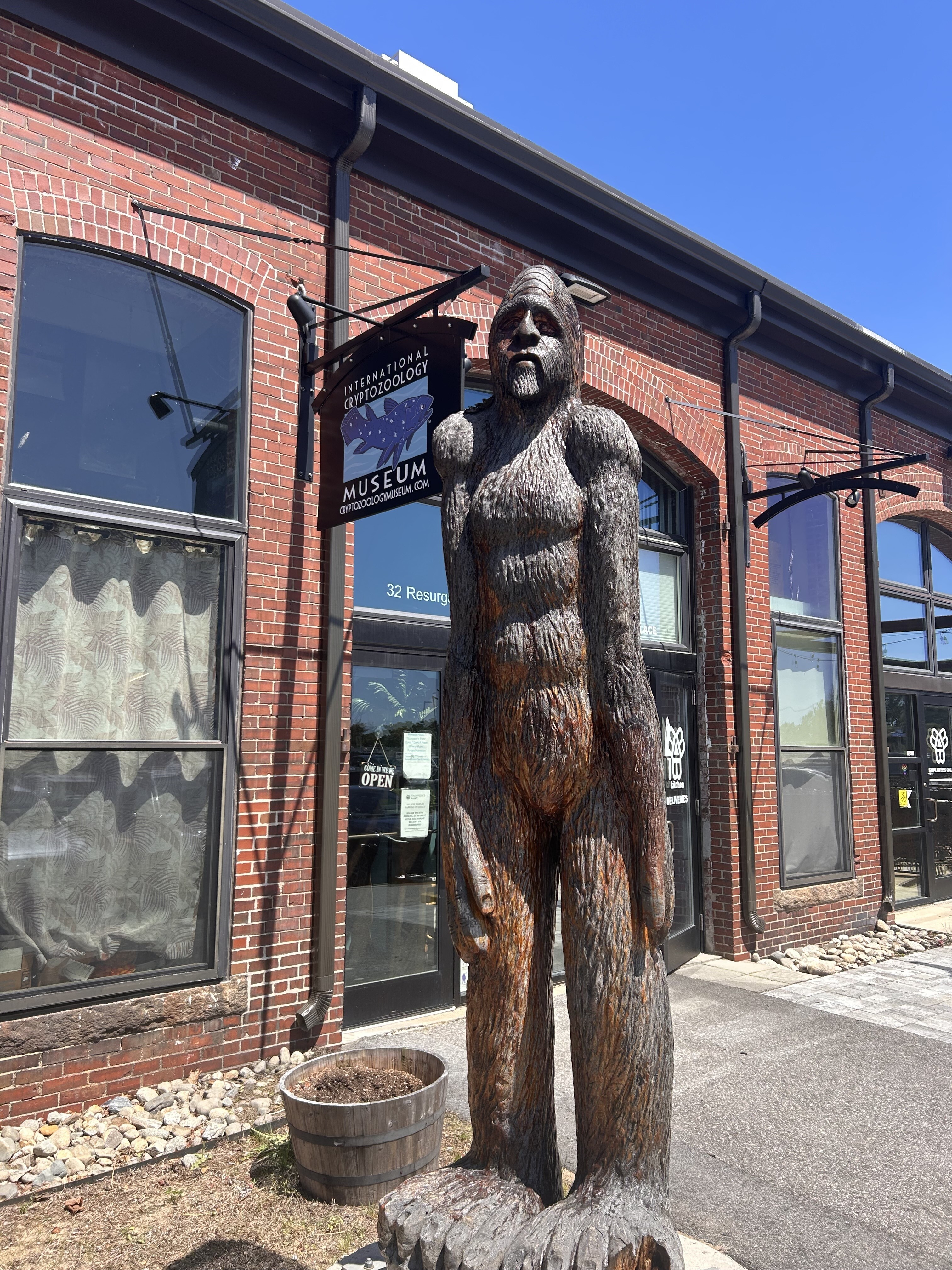 Image of a Bigfoot statue outside the entrance of the International Cryptozoology Museum in Portland, Maine.