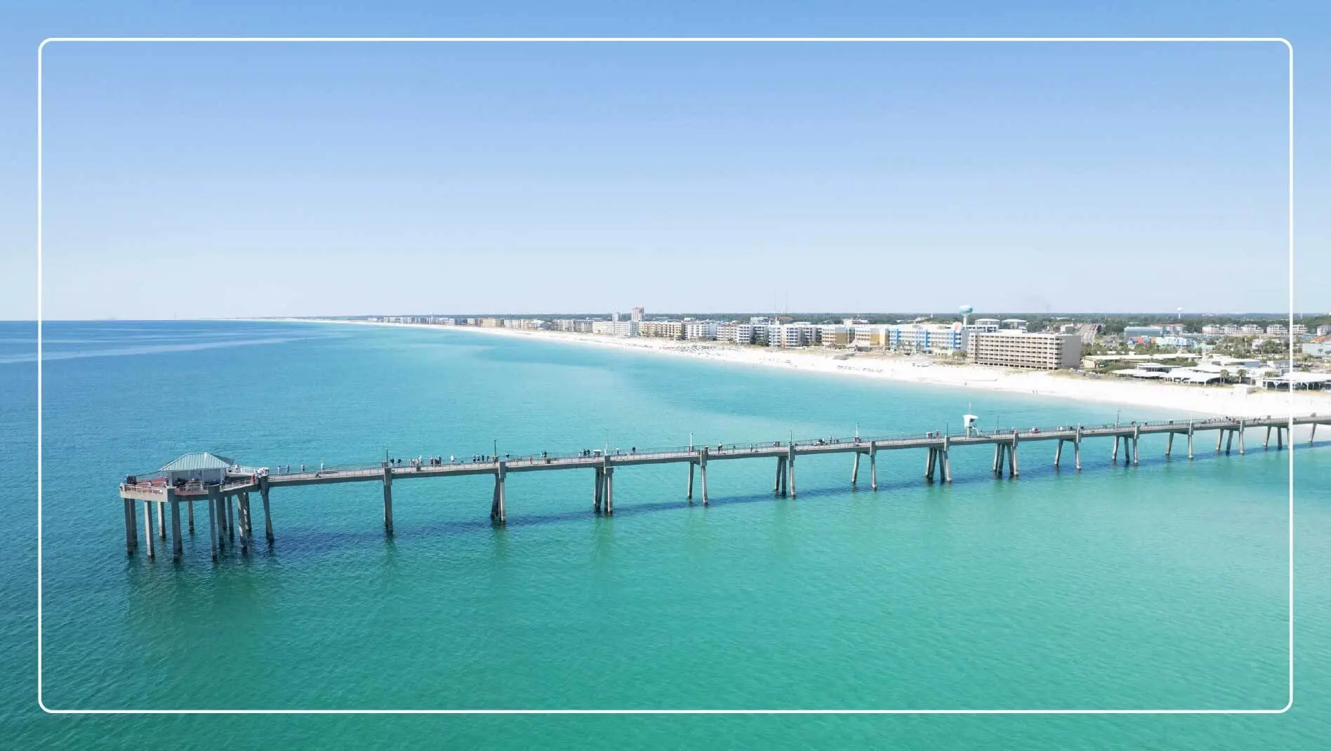 An aerial view of the pier and shore at Destin-Fort Walton Beach, Florida.
