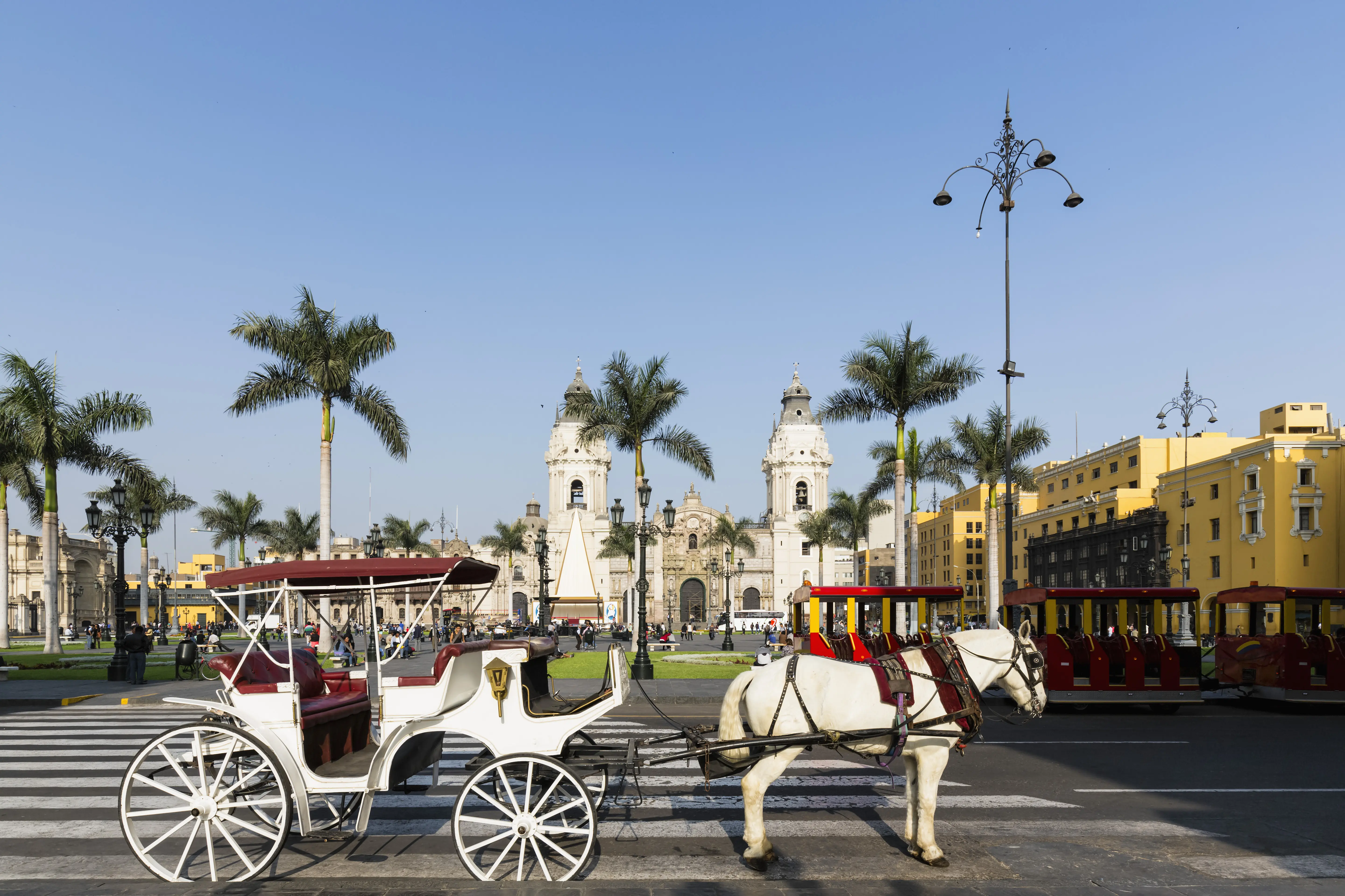 Image of Cathedral of Lima and carriage in Plaza de Armas, Lima, Peru.