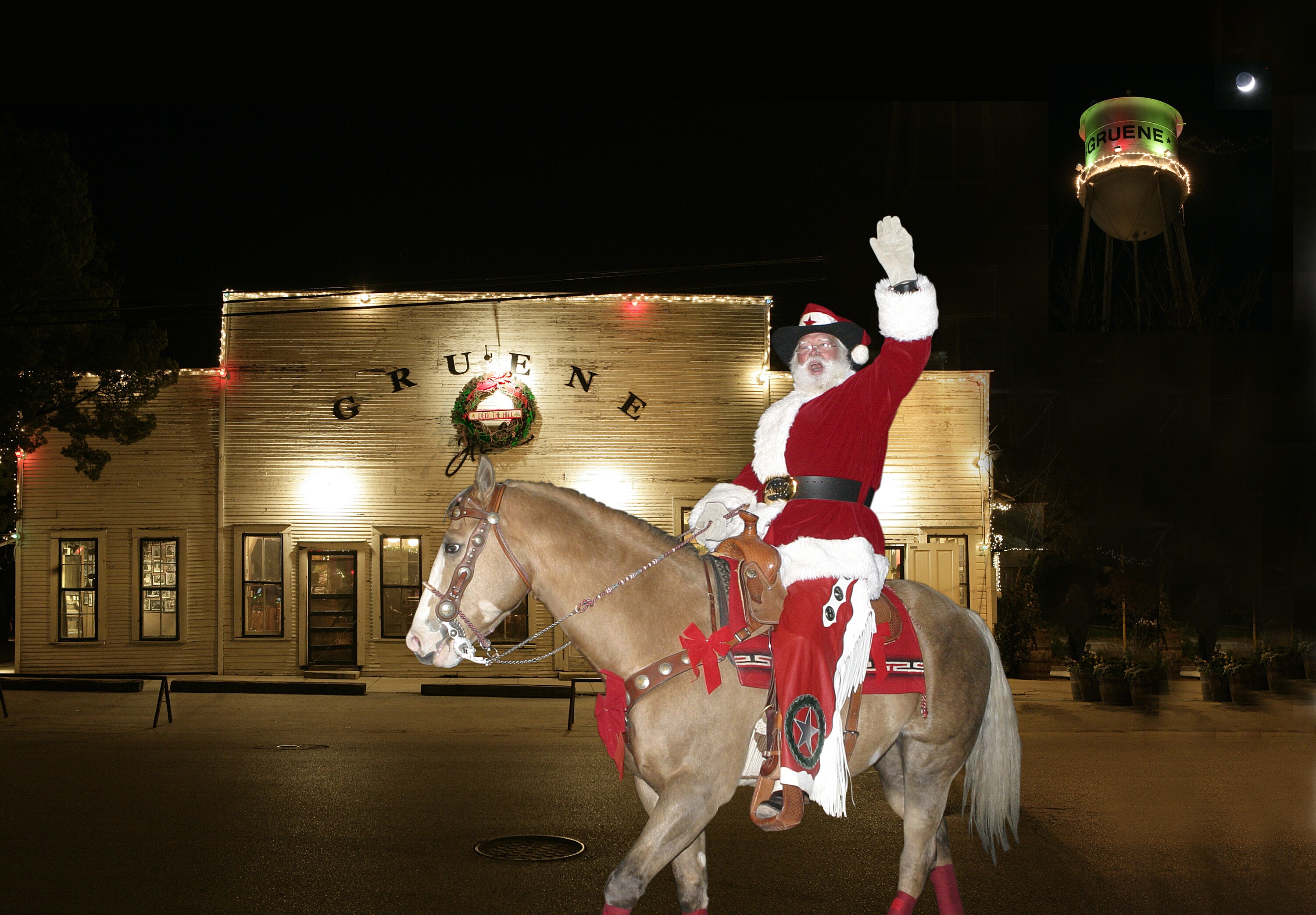 Man in red cowboy style costume rides a horse in Gruene Christmas Parade