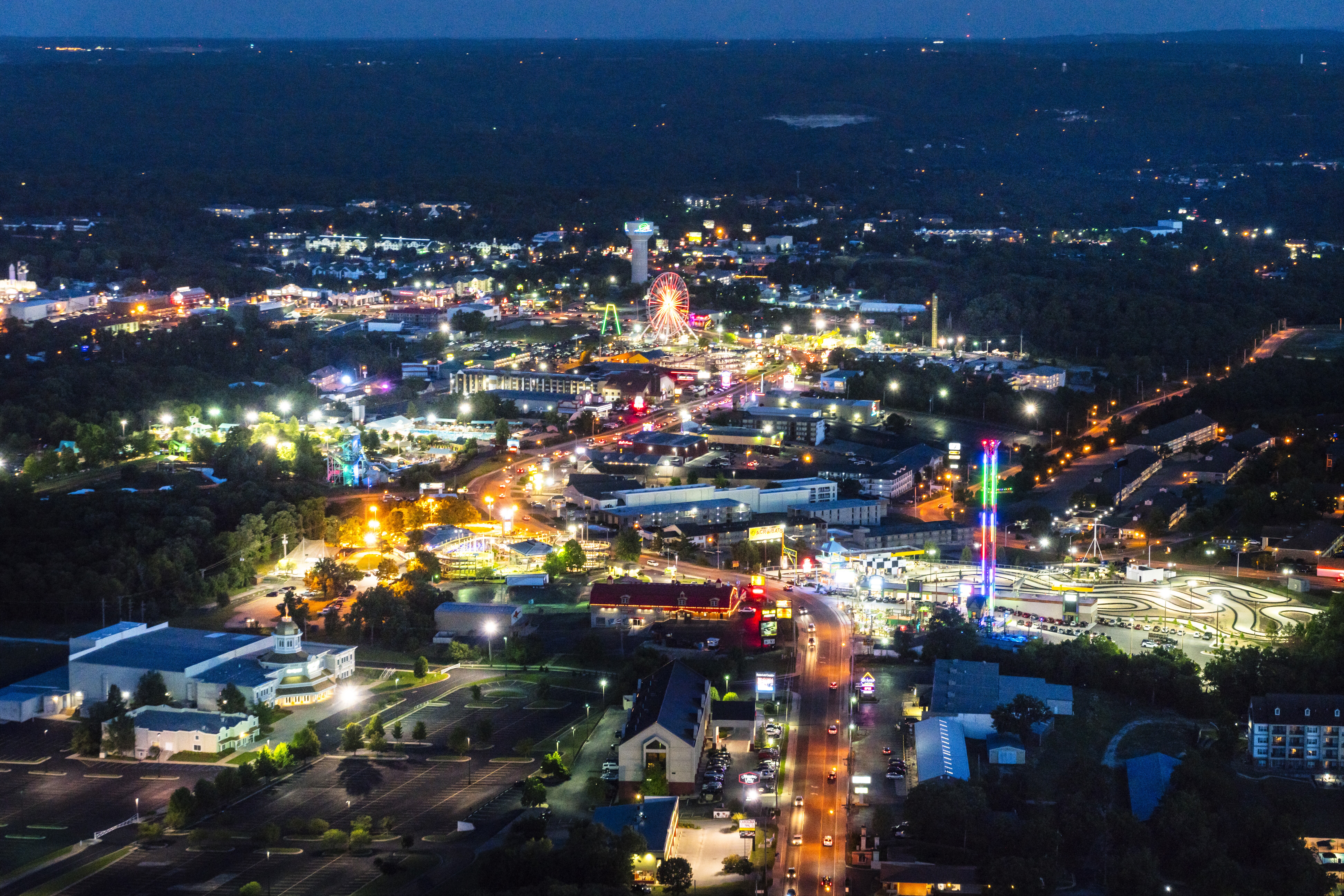 Aerial nighttime image of Branson, Missouri.