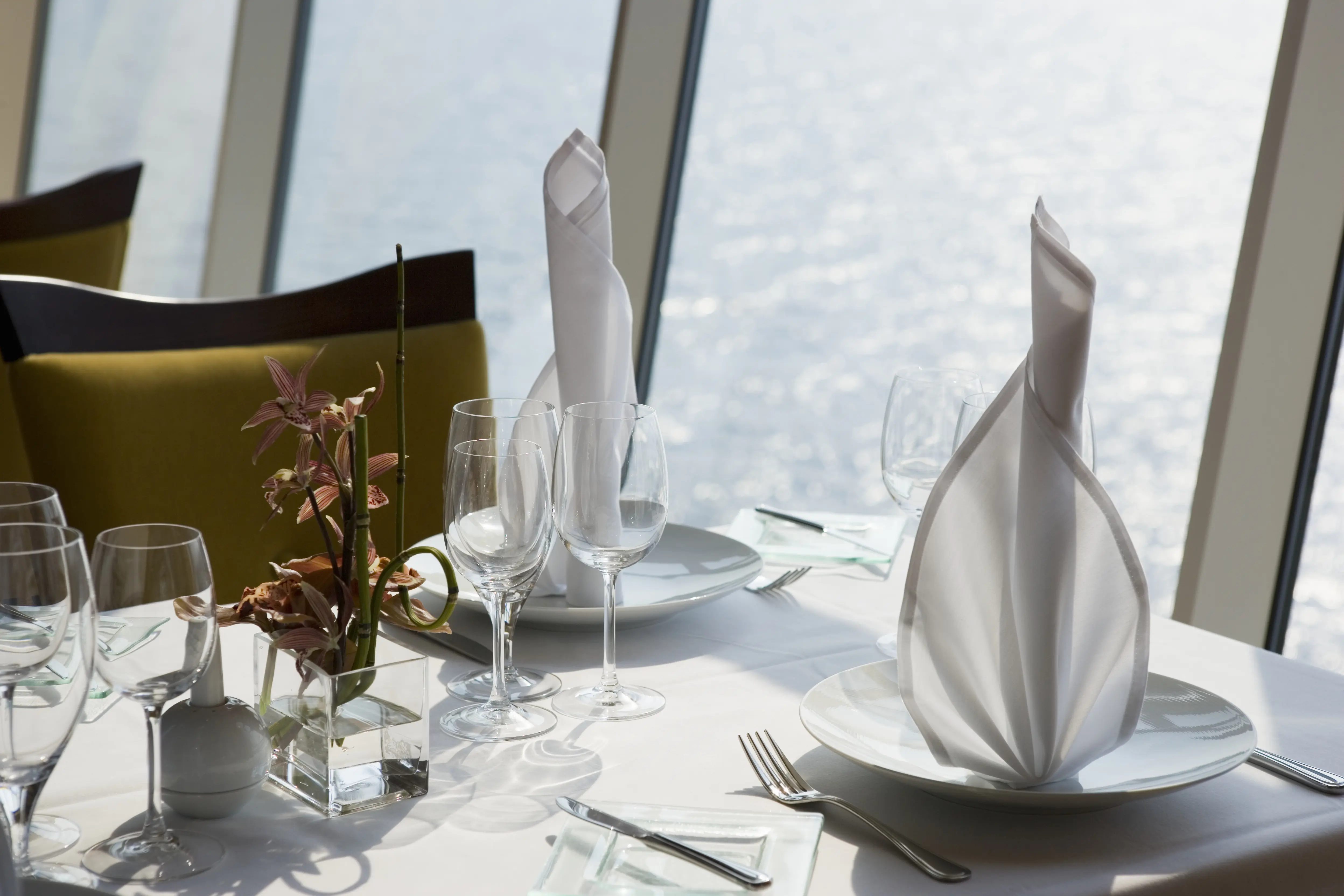 Image of a fancy dining table in a cruise ship restaurant.