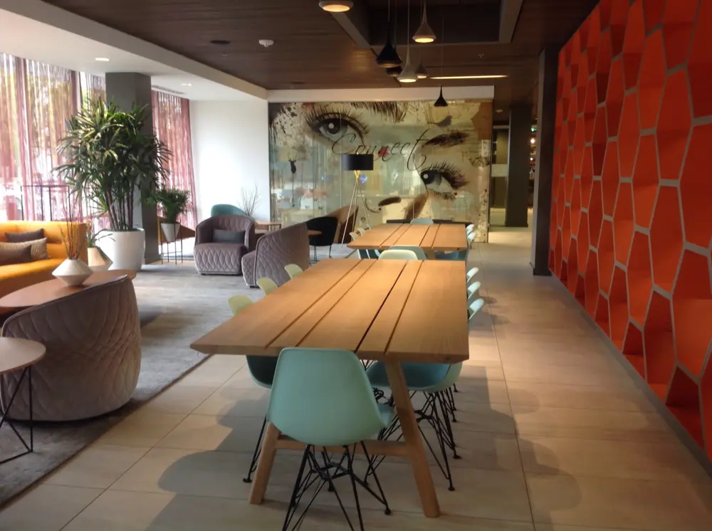 lobby, hip, modern, trendy, seating, tables, art