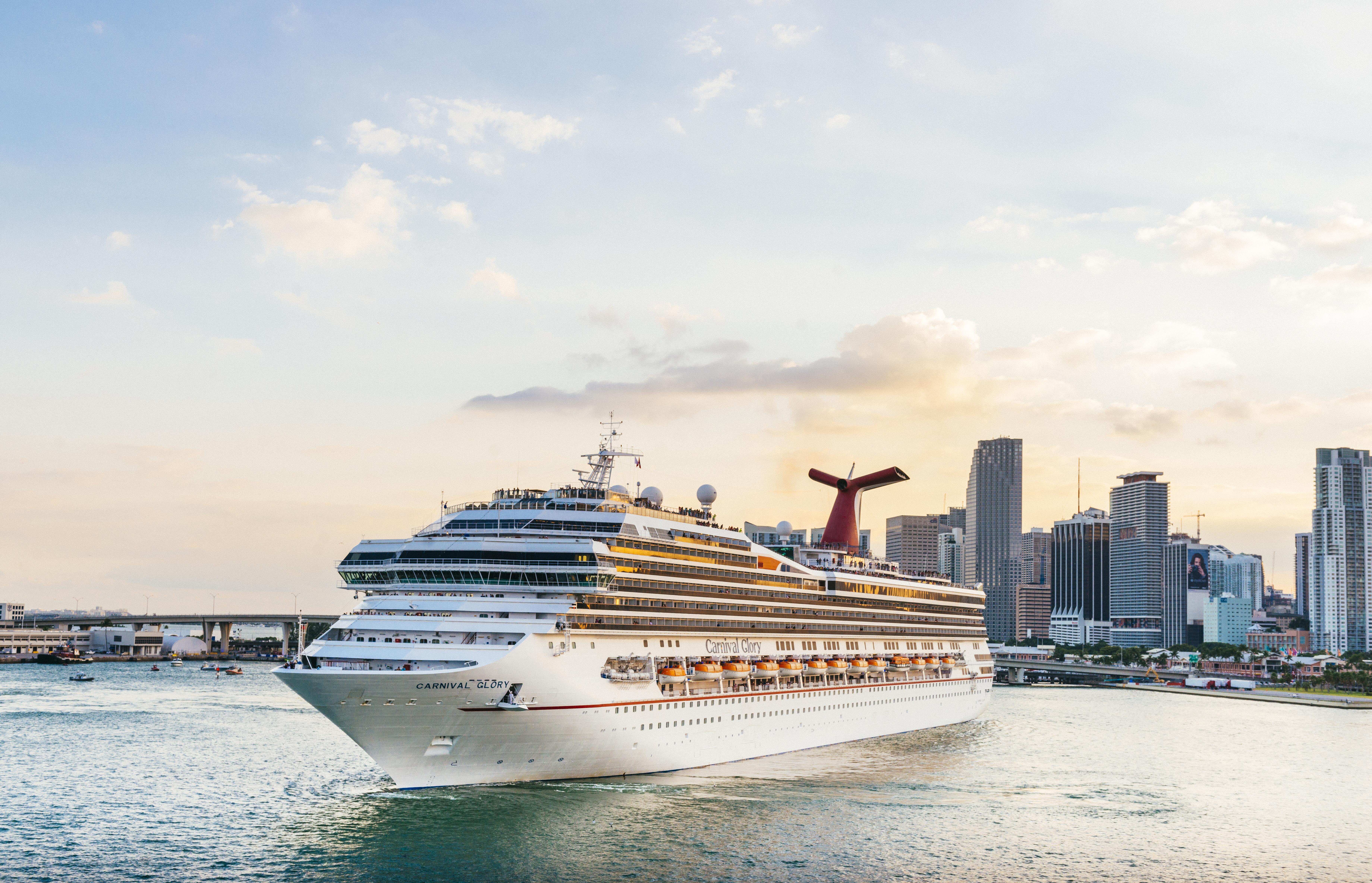 Image of the Carnival Glory Cruise ship in the downtown port of Miami, Florida.