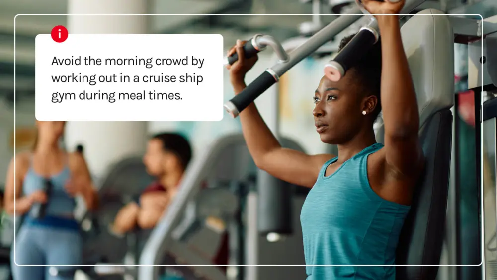 People working out in a cruise ship gym, a popular thing to do on a cruise.