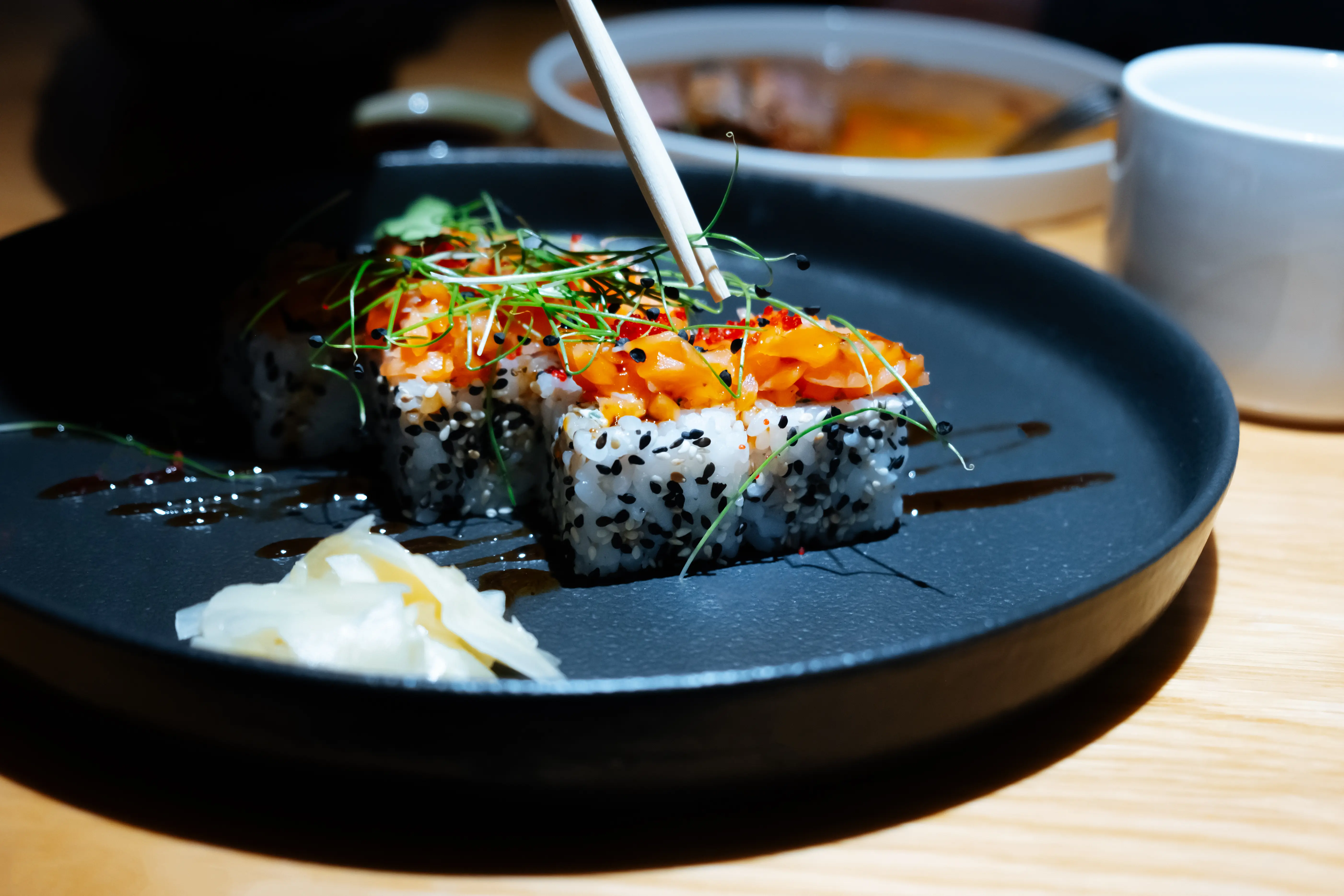 Close up picture of sushi on a plate.