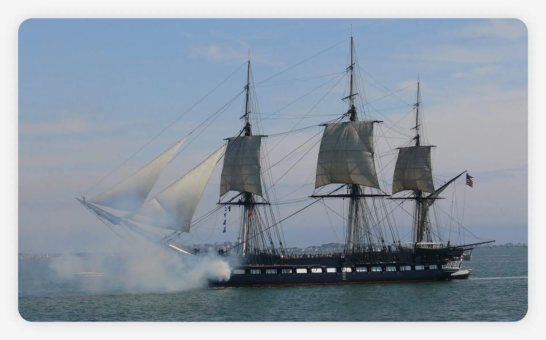 Old Ironsides firing a salute during a reenactment in Boston, Massachusetts.