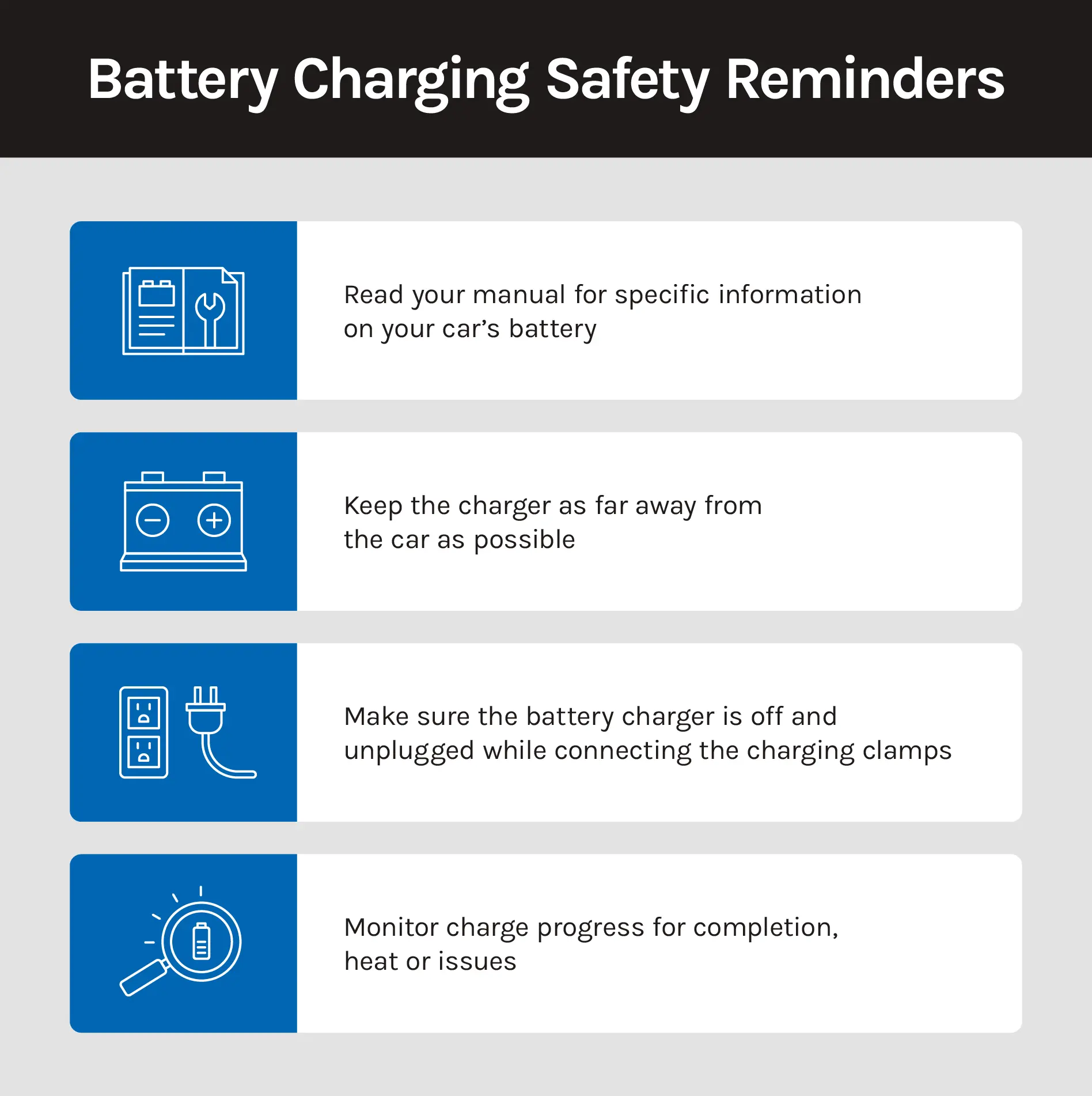 A graphic of safety reminders when charging a car battery including reading the car’s manual, keeping the charger away from the car, keeping the charger unplugged until clamps are connected and monitoring the charging progress.