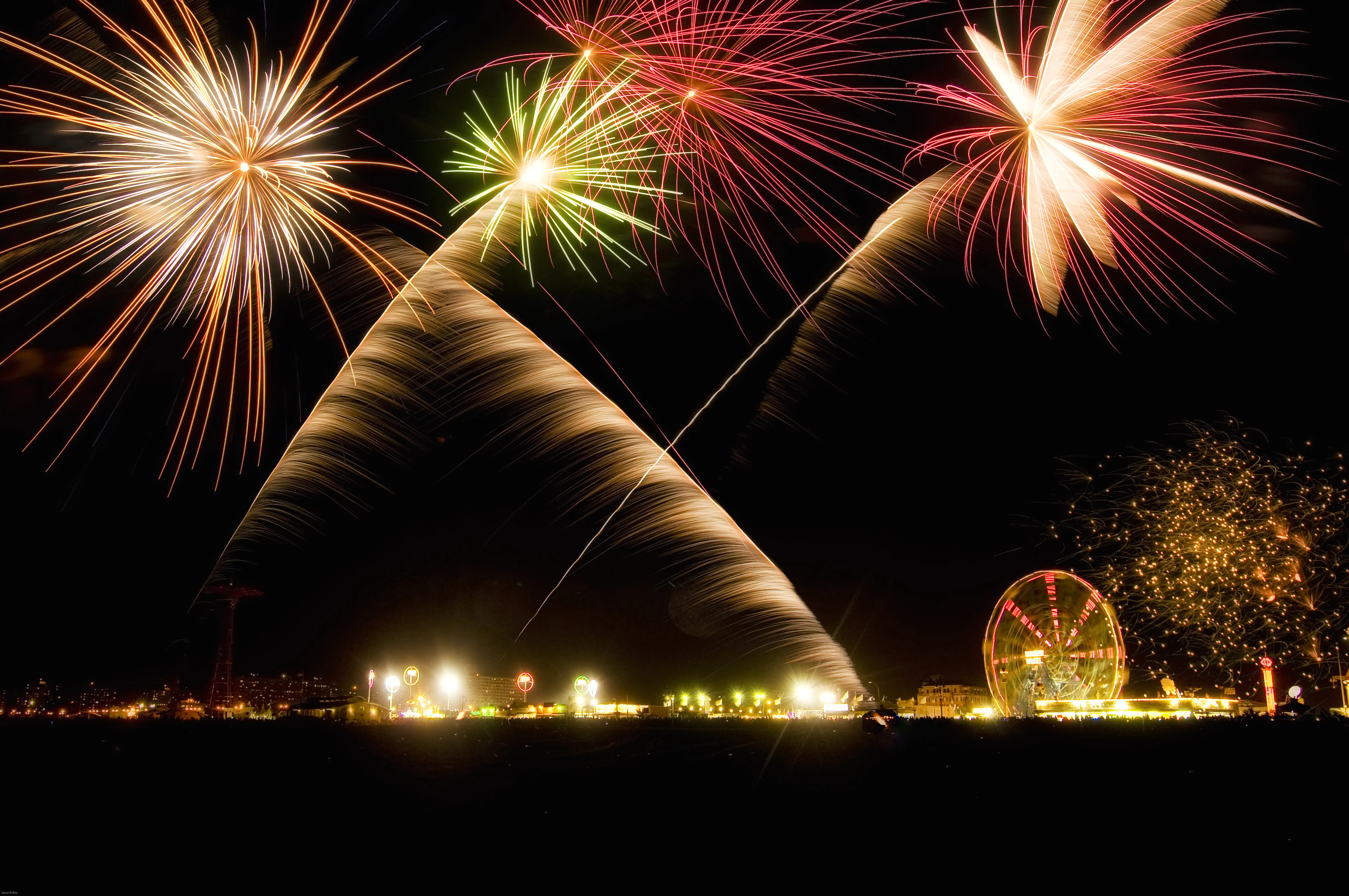 Nighttime outdoor shot of fireworks at Coney Island