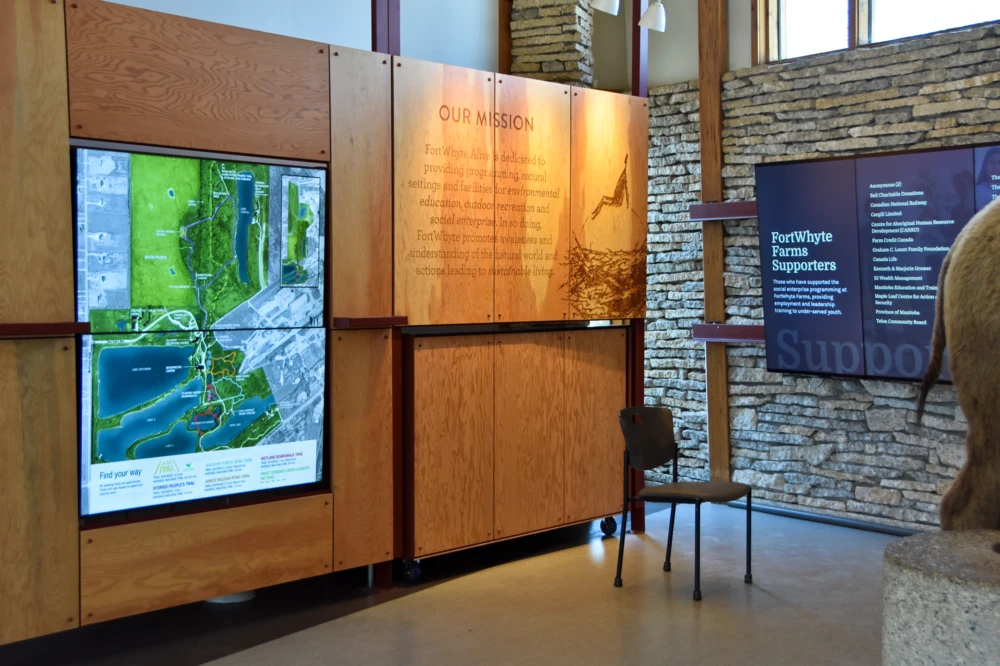Digital map inside the reception center at FortWhyte Alive in Winnipeg, Manitoba.