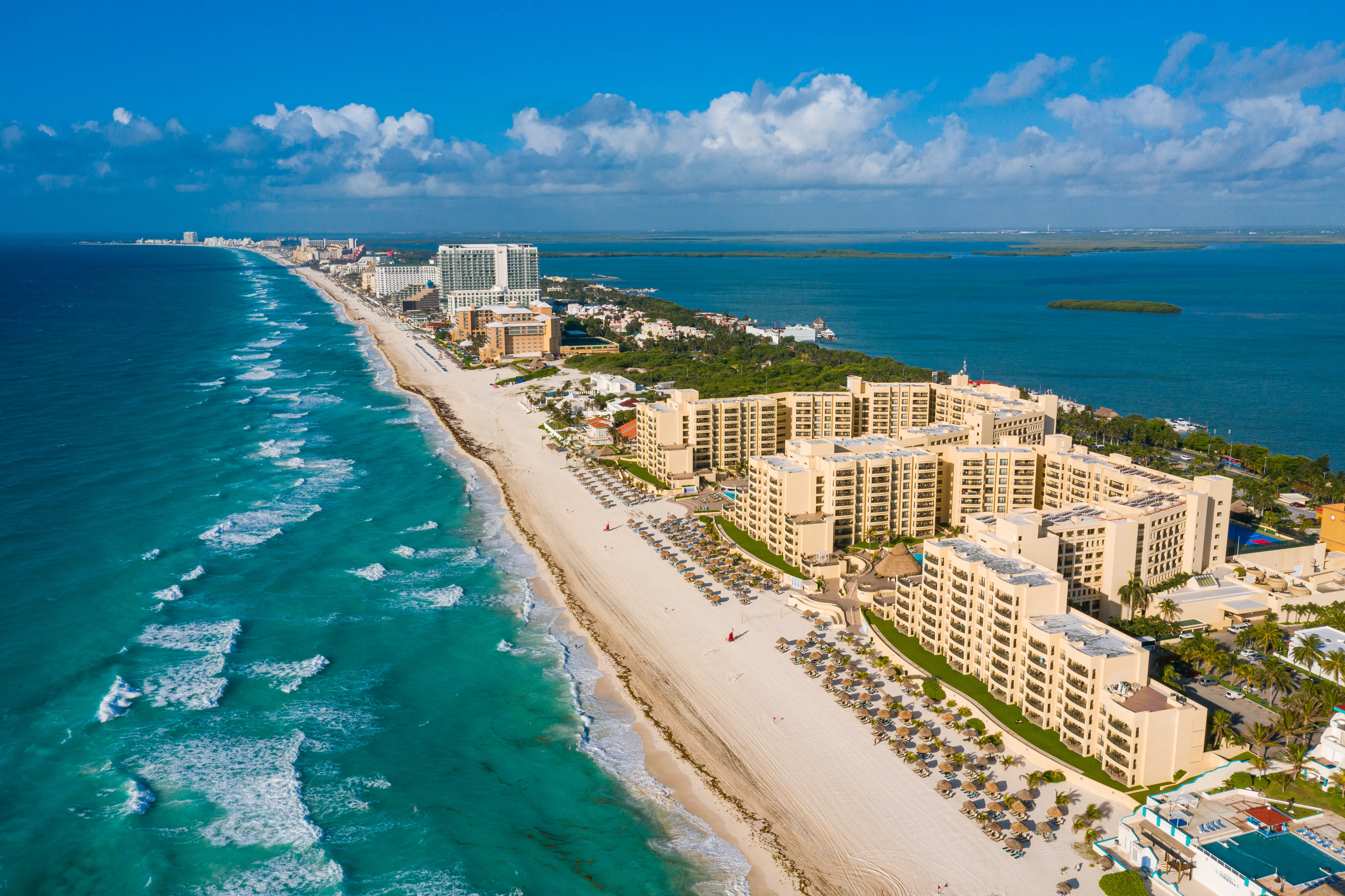 Aerial view of hotels along the beach in the hotel district in Cancún
