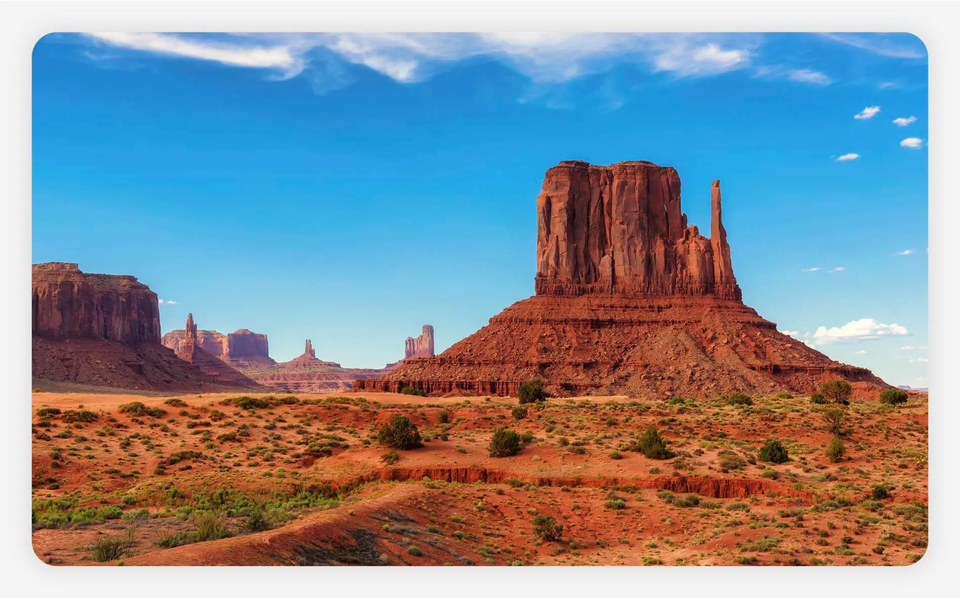 A photo of Monument Valley, located along the state lines of Arizona and Utah.