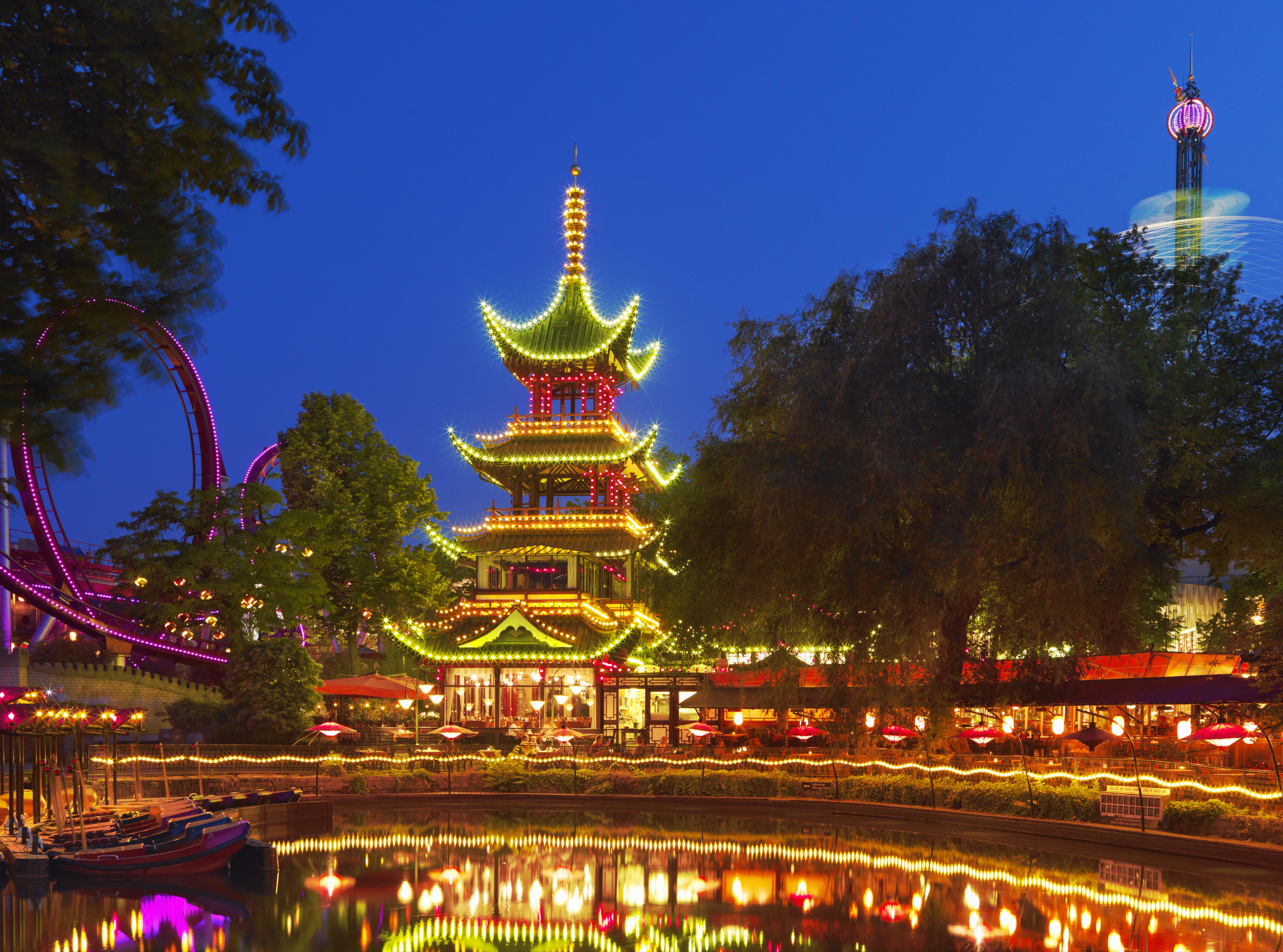 Image of Tivoli Gardens attractions in the Copenhagen park.