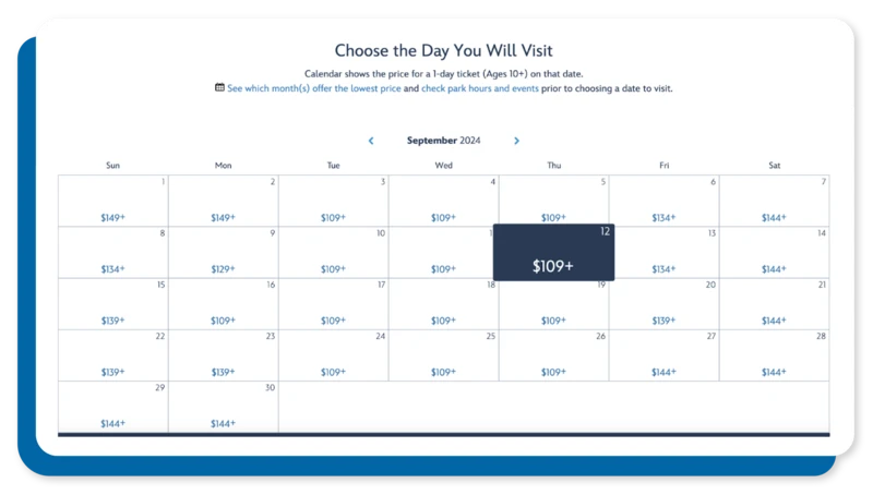 The calendar view of Disney World one-day ticket prices 