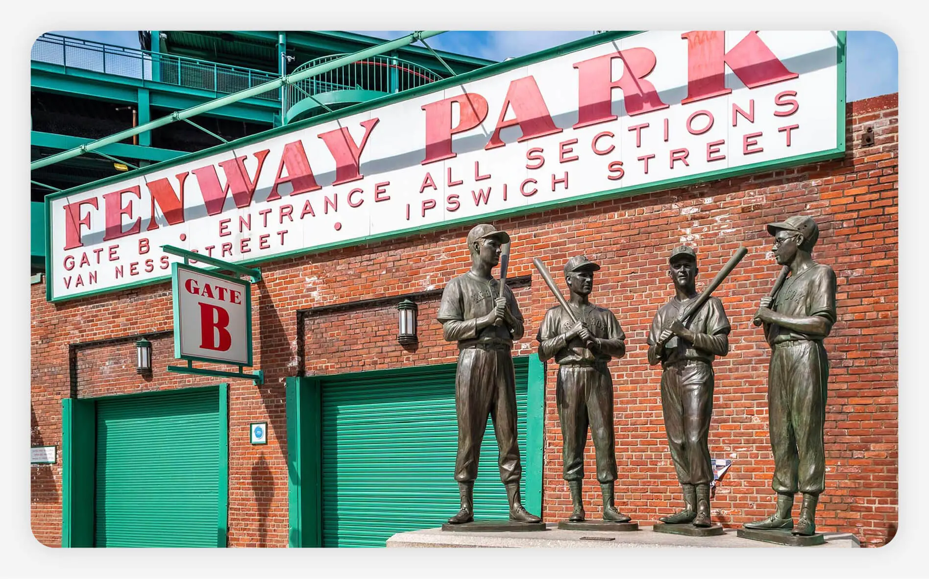View of the historic architecture of the famous Fenway Park Stadium in Boston, Massachusetts.