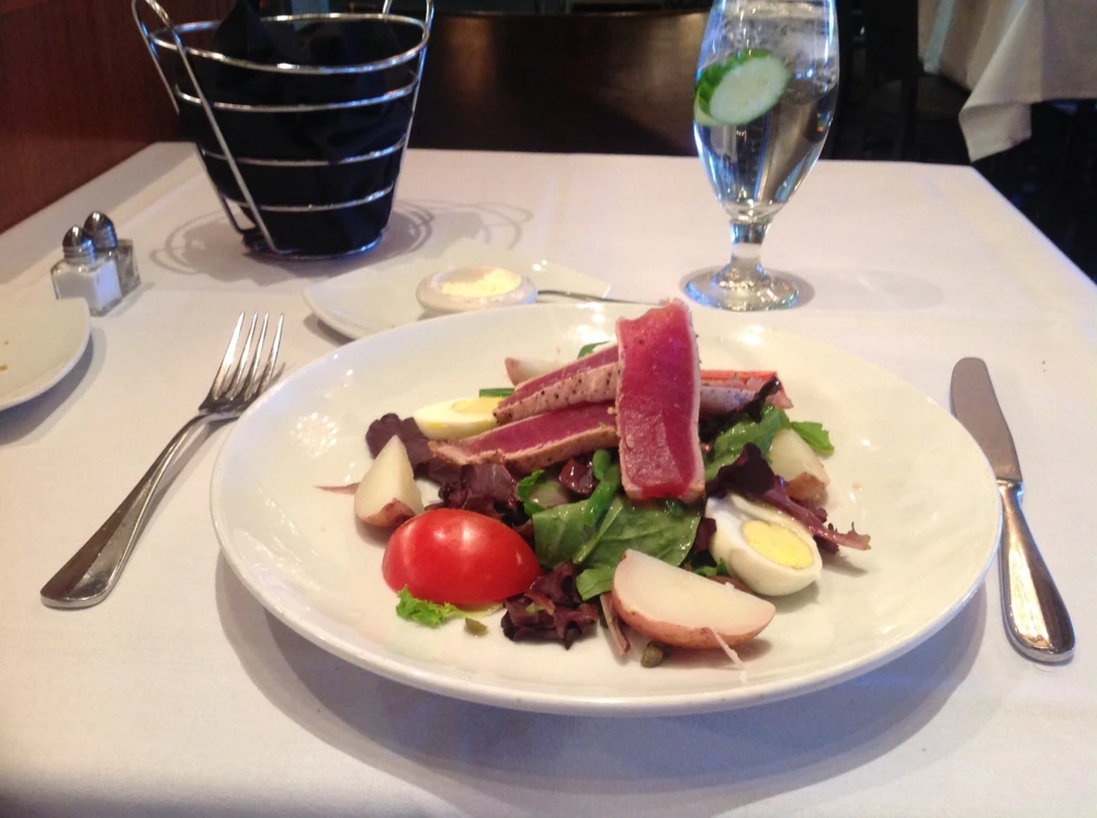 Coconut pie, ahi tuna salad, beautiful dining room