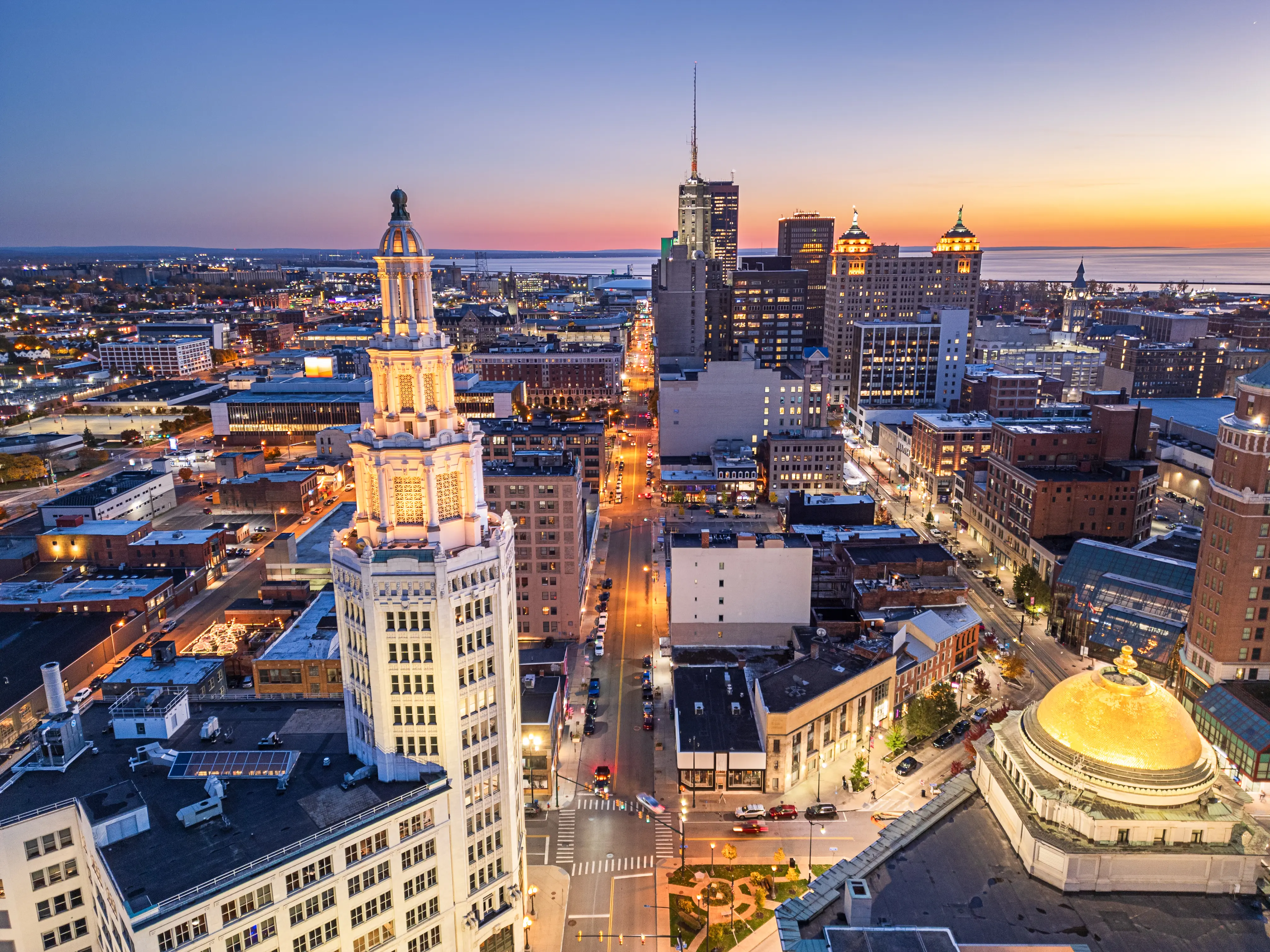 Downtown Buffalo Skyline at golden hour from above, New York, USA