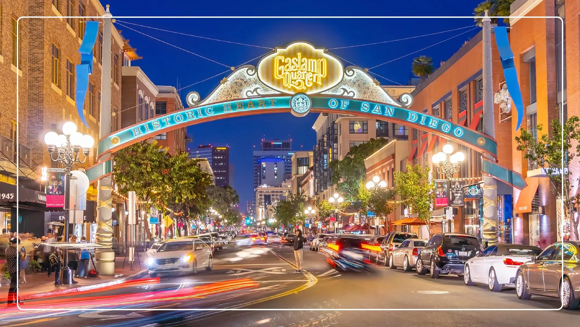 A street view of the Historic Gaslamp Quarter street sign in San Diego.