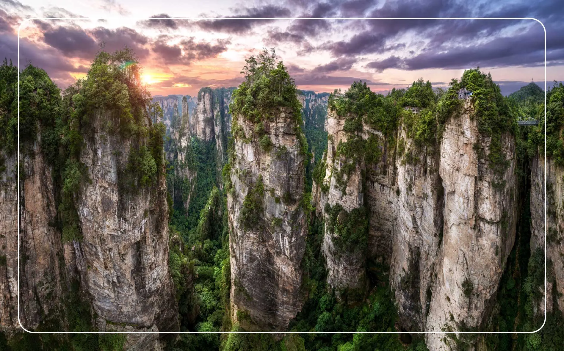 Aerial view of Avatar Hallelujah mountain in Zhangjiajie national forest park at sunset.