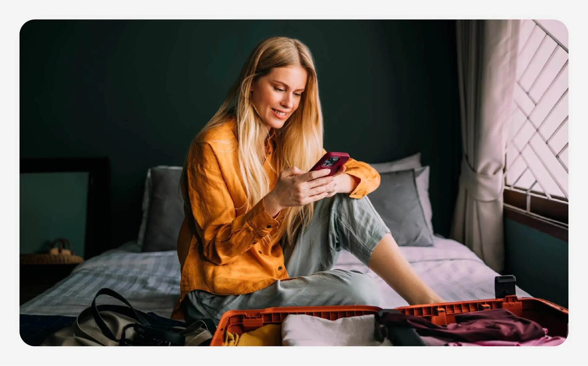 Solo female traveler buying travel insurance before a trip